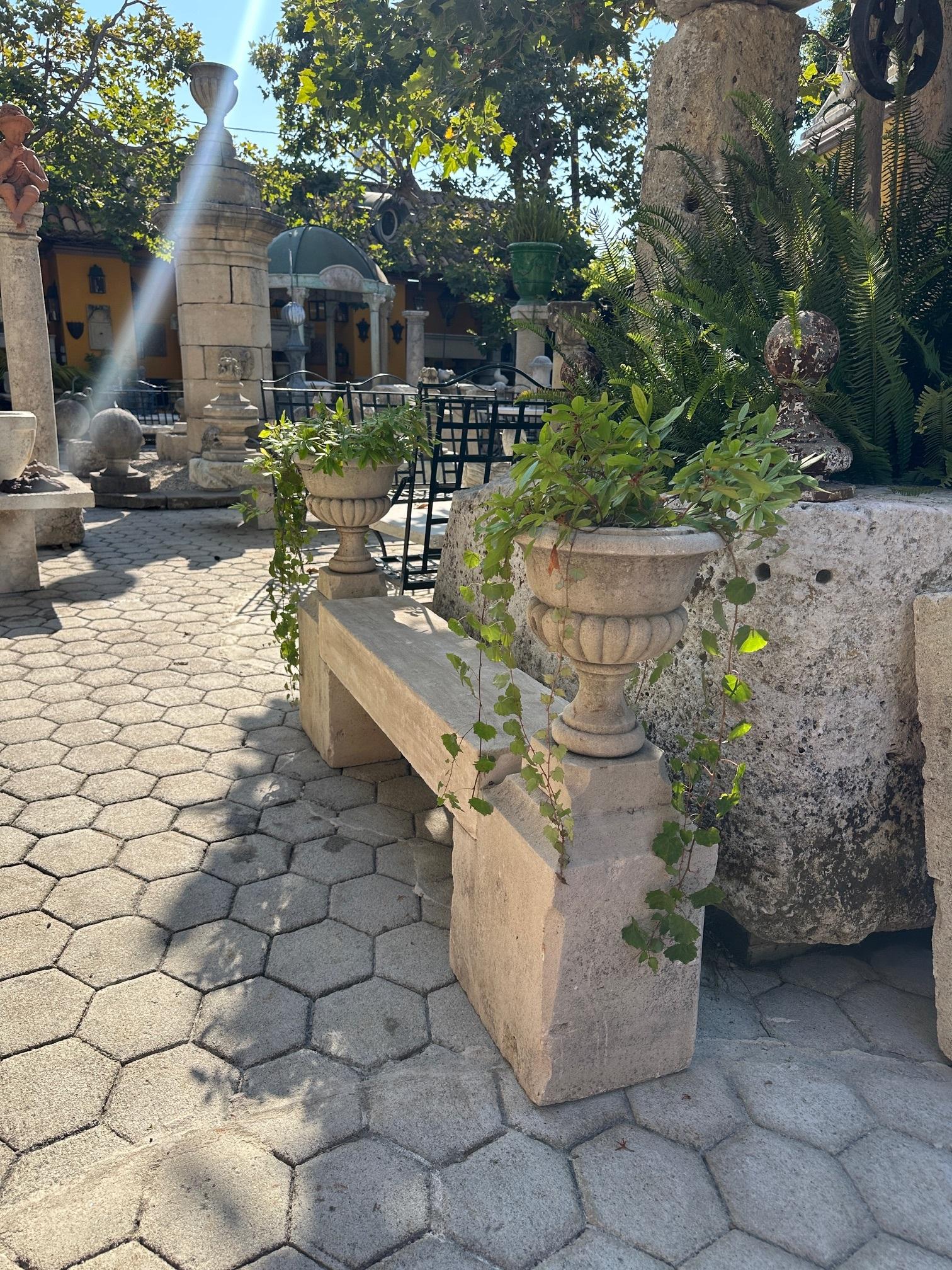 The Elemental Garden Stone Hand Carved Garden Bench Seat & Side Jardinière Urns Rustic Elements LA CA en vente 3
