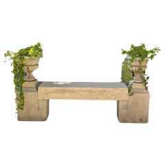 The Elemental Garden Stone Hand Carved Garden Bench Seat & Side Jardinière Urns Rustic Elements LA CA