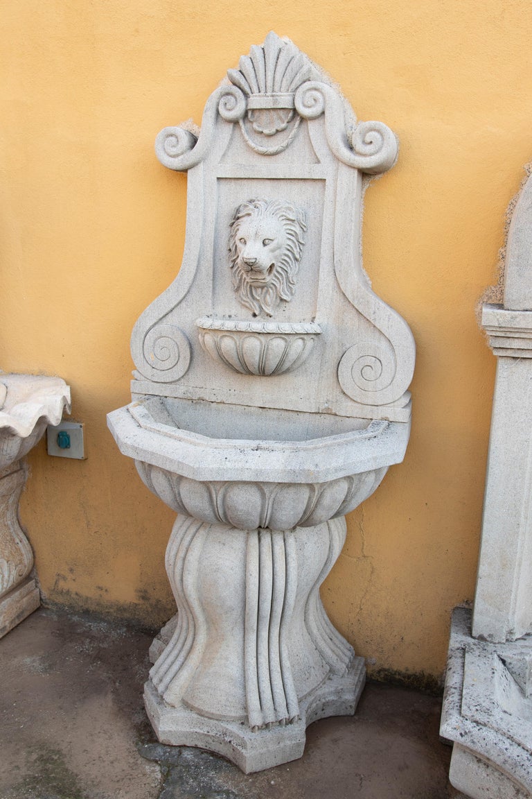 Hand Carved Stone Lion Head Wall Fountain For Sale at 1stDibs