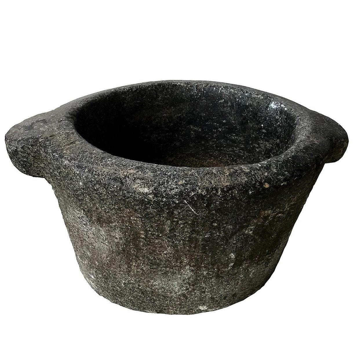 Antique Hand-Carved Black Grey Stone Mortar, 18th Century For Sale