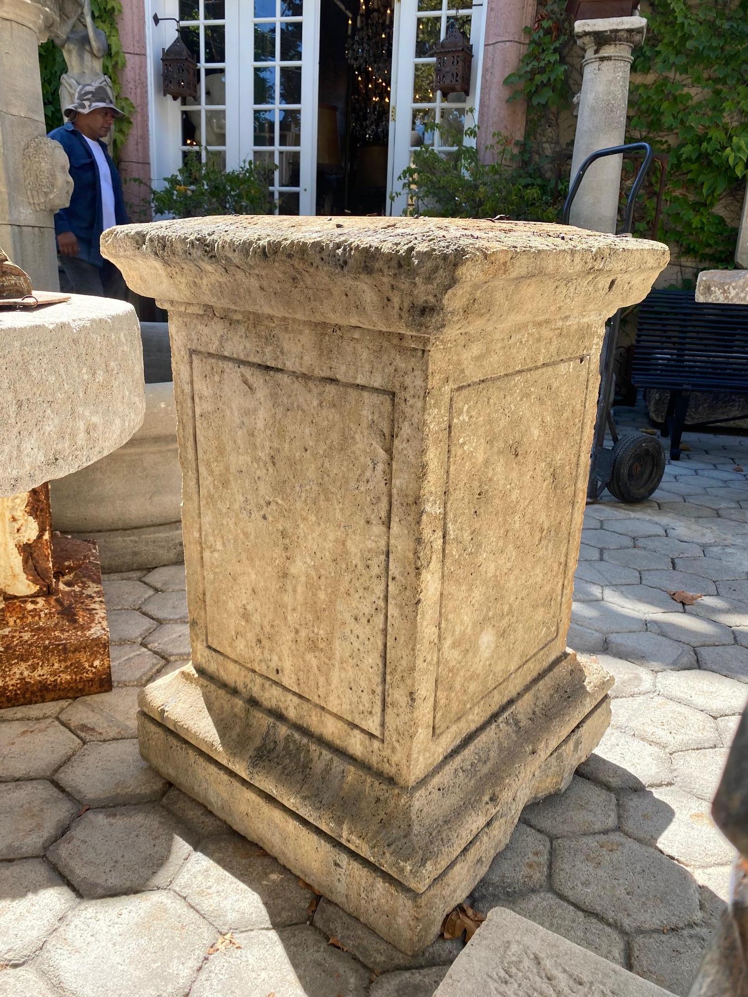 Hand Carved Stone Pedestal Column Post Fountain Base Center block center piece . Nicely hand carved one single block Early 19th Century stonesquare base pedestal . Could be used as a Focal point in a garden as an architectural decorative element ,