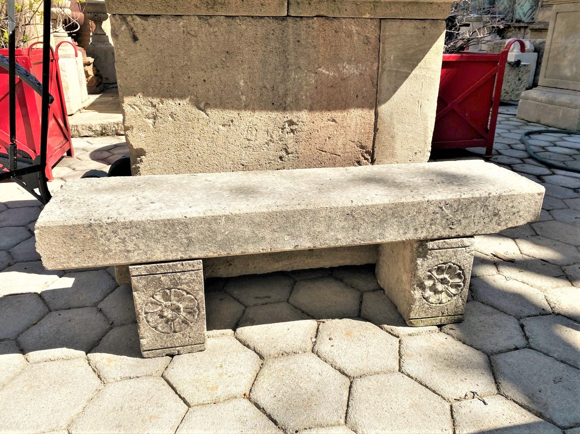 Hand carved stone rustic mudroom garden bench seat antique indoor outdoor LA CA. Beautiful 19th century hand carved stone elements small and low mudroom shoe garden bench 4 inch thick stone top slab bench. This beautiful Seat is a garden bench with