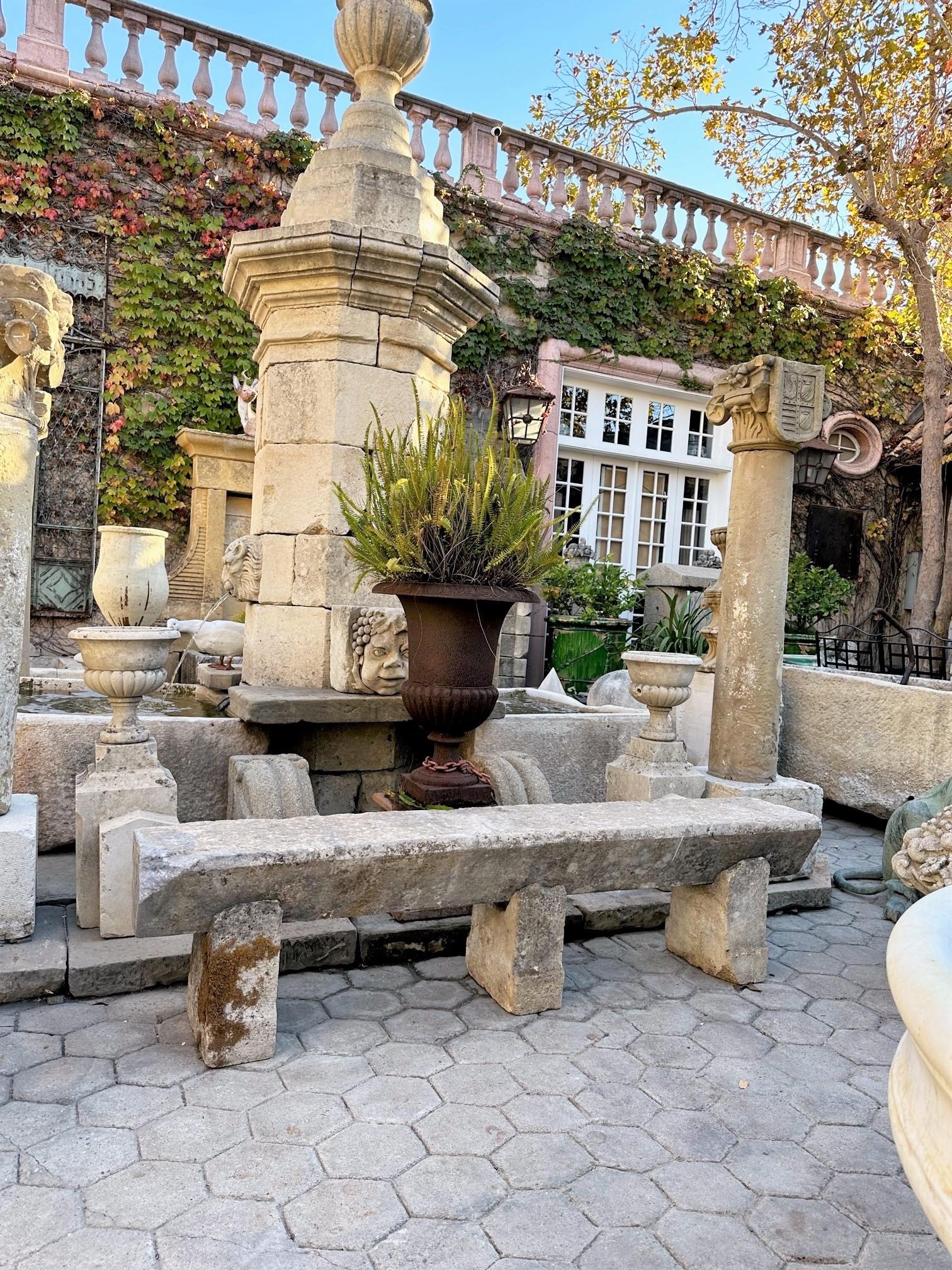 Hand carved stone rustic park garden bench seat antique indoor outdoor LA CA. Very long 18th century hand carved elements garden Stone bench. This rustic beauty is a rare piece indeed A large beautiful garden bench simple lines that works in an