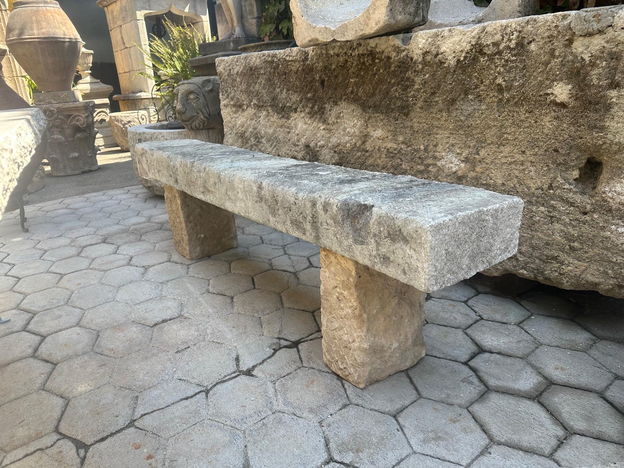 Hand carved stone rustic park garden bench seat antique indoor outdoor landscape. Imposing and Very long 18th century hand carved elements garden Stone bench. This rustic beauty is a rare piece indeed A large beautiful garden bench simple lines that