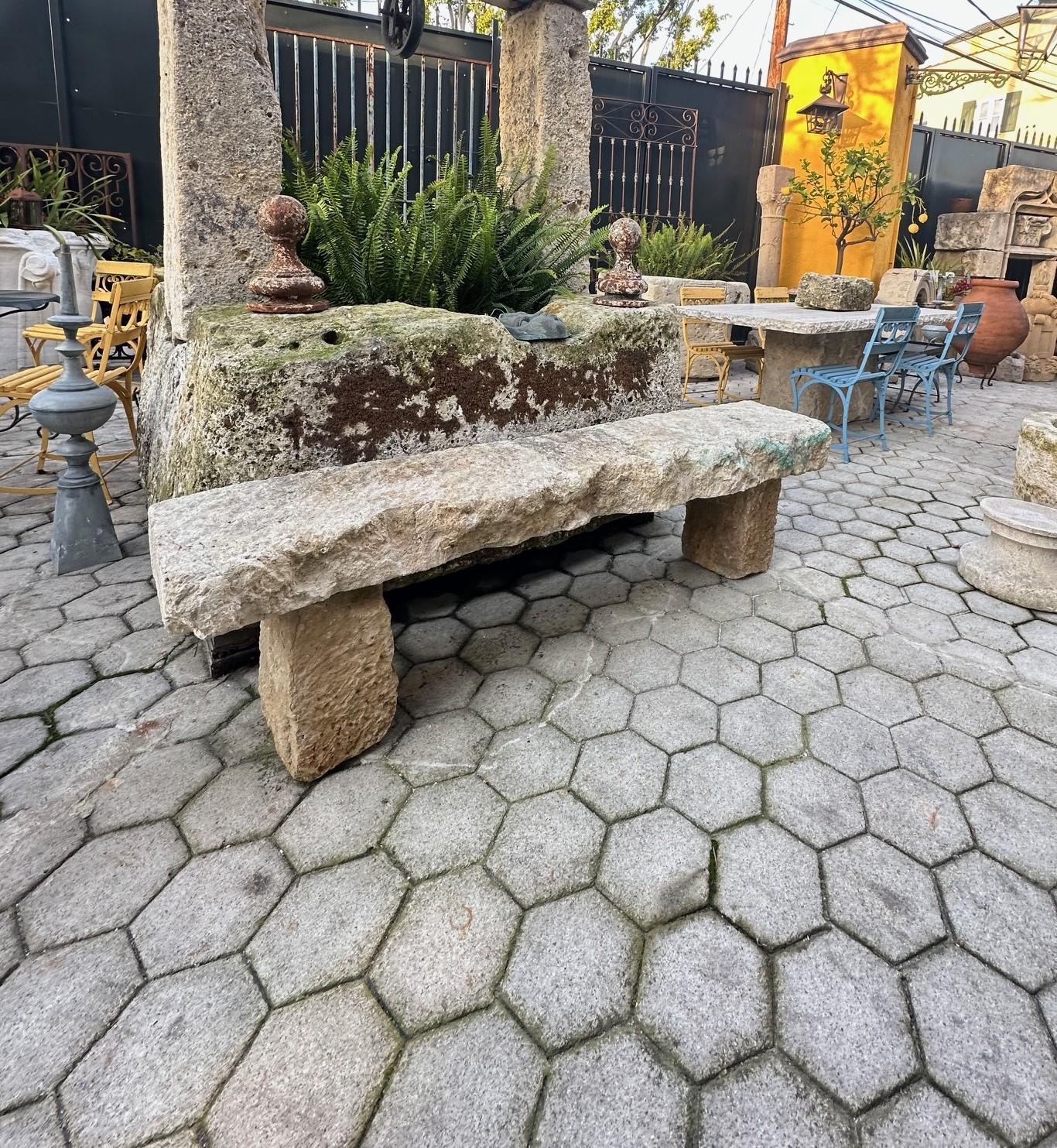 Hand Carved Stone Rustic Park Garden Bench Seat Antique Indoor Outdoor Landscape In Good Condition In West Hollywood, CA