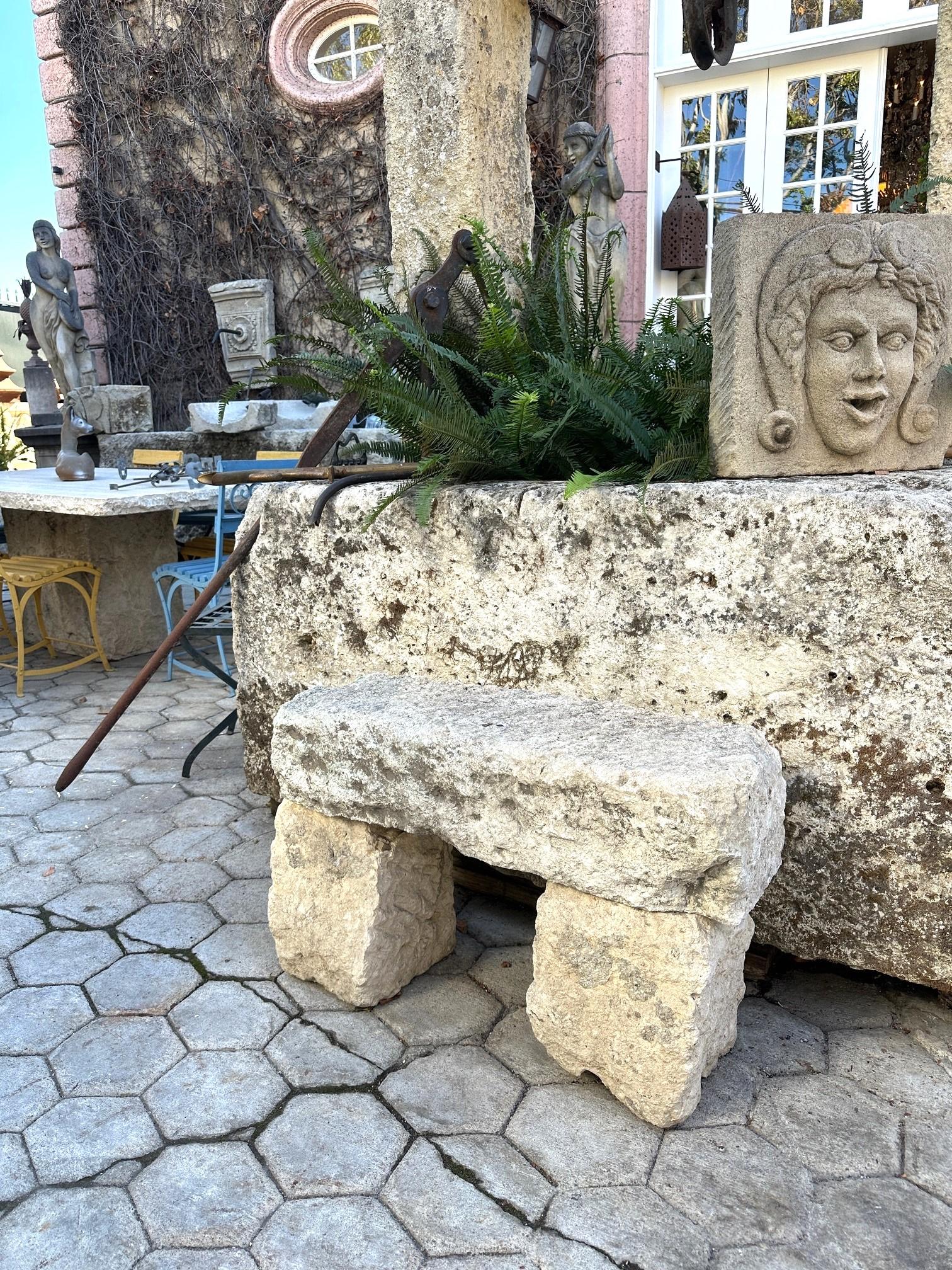 Hand Carved Stone Rustic Park Garden Bench Seat Decorative Element Farm Winery In Good Condition For Sale In West Hollywood, CA