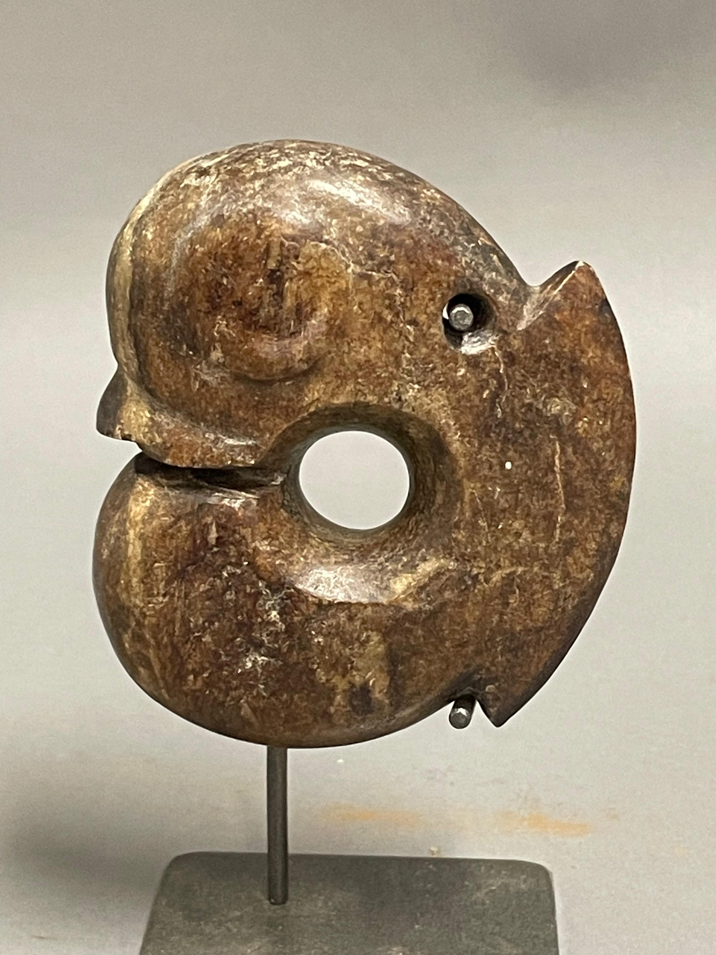 Contemporary Chinese hand carved stone shrimp sculpture.
Sits nicely with larger S6767.
Can be featured with set of two discs as well  S6766.
Stand measures  2.5