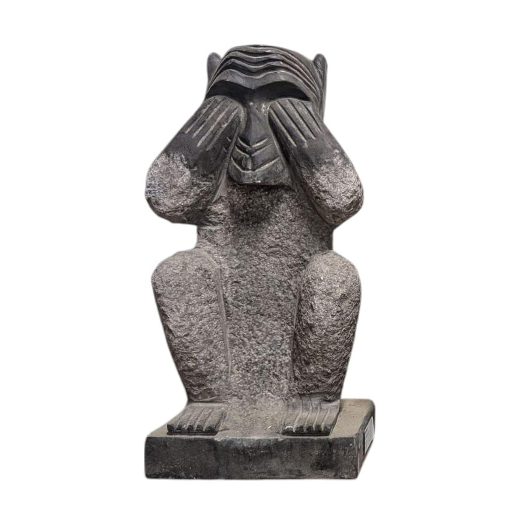 Folk Art Hand-Carved Stone “Three Wise Monkeys” Sculpture Set in Chinese Bluestone For Sale