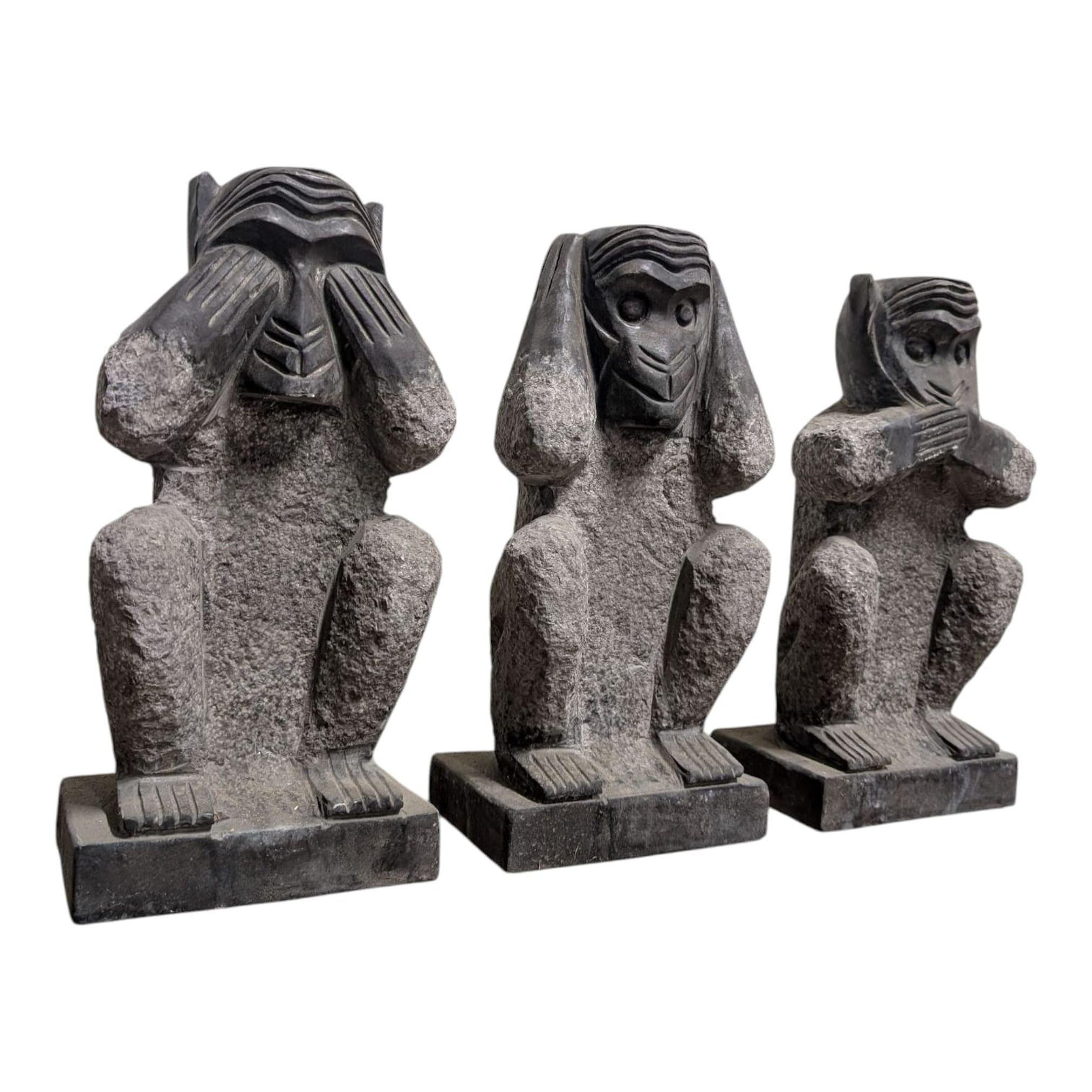 Hand-Carved Stone “Three Wise Monkeys” Sculpture Set in Chinese Bluestone In Excellent Condition For Sale In Amsterdam, NL