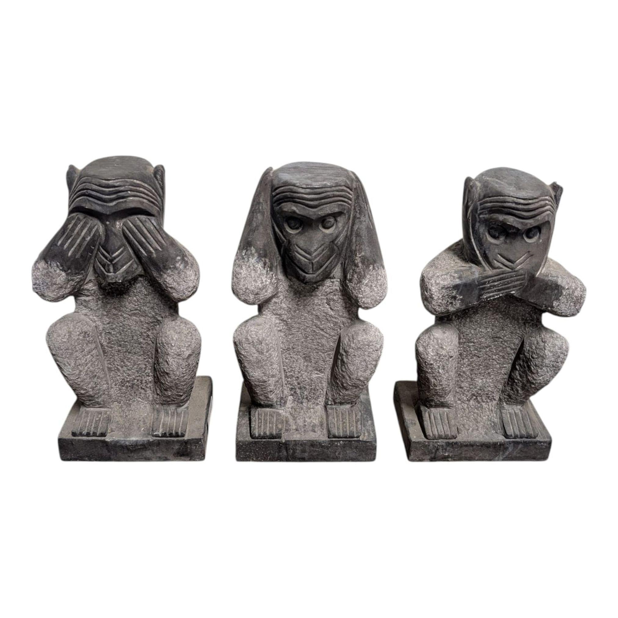Contemporary Hand-Carved Stone “Three Wise Monkeys” Sculpture Set in Chinese Bluestone For Sale