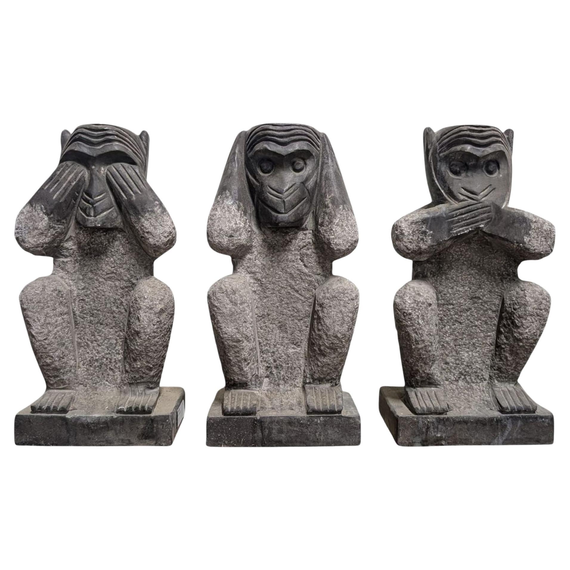 Hand-Carved Stone “Three Wise Monkeys” Sculpture Set in Chinese Bluestone For Sale