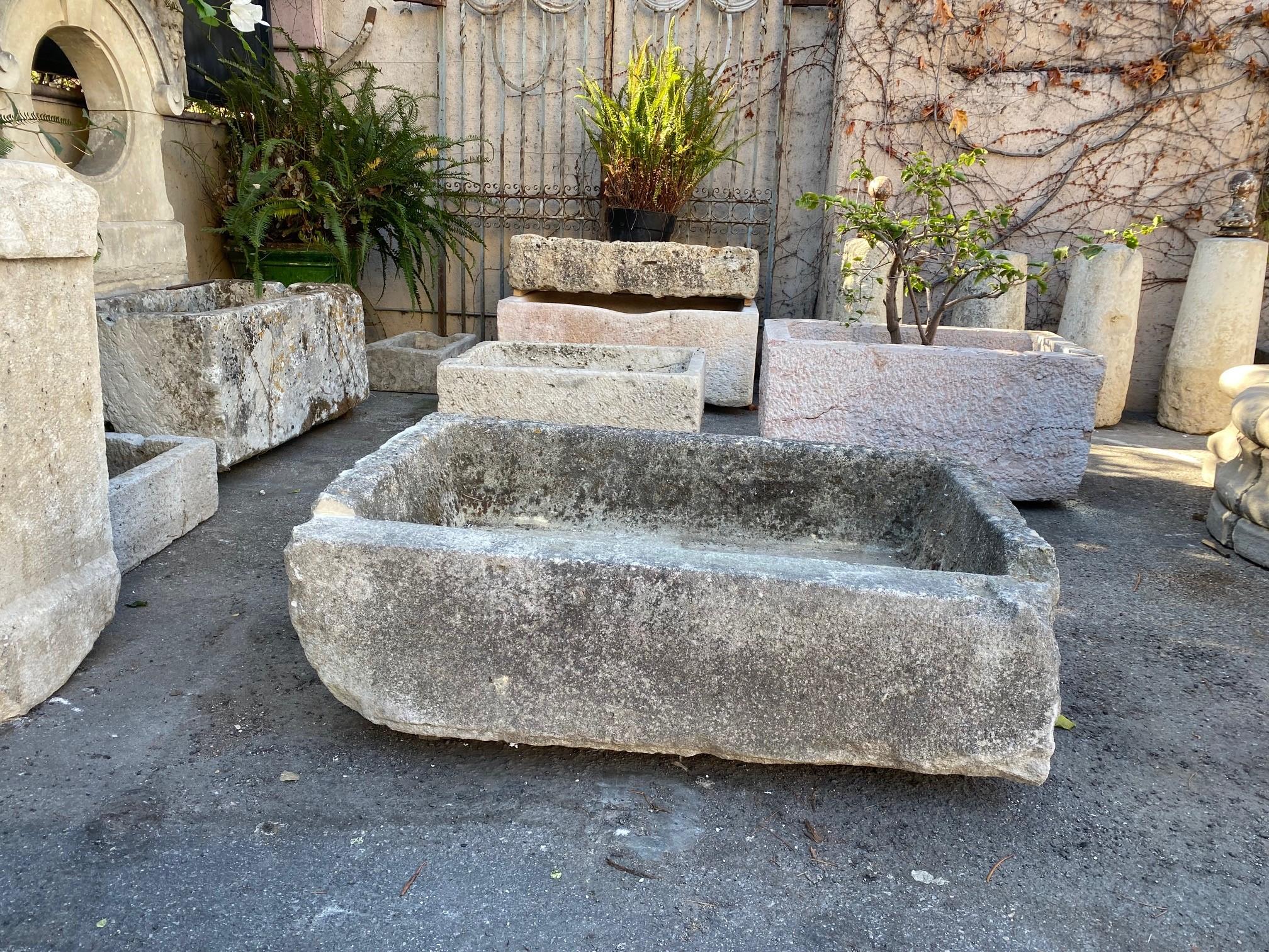 Hand-Carved Hand Carved Stone Trough Fountain Basin Tub Planter Firepit Container Antique LA For Sale