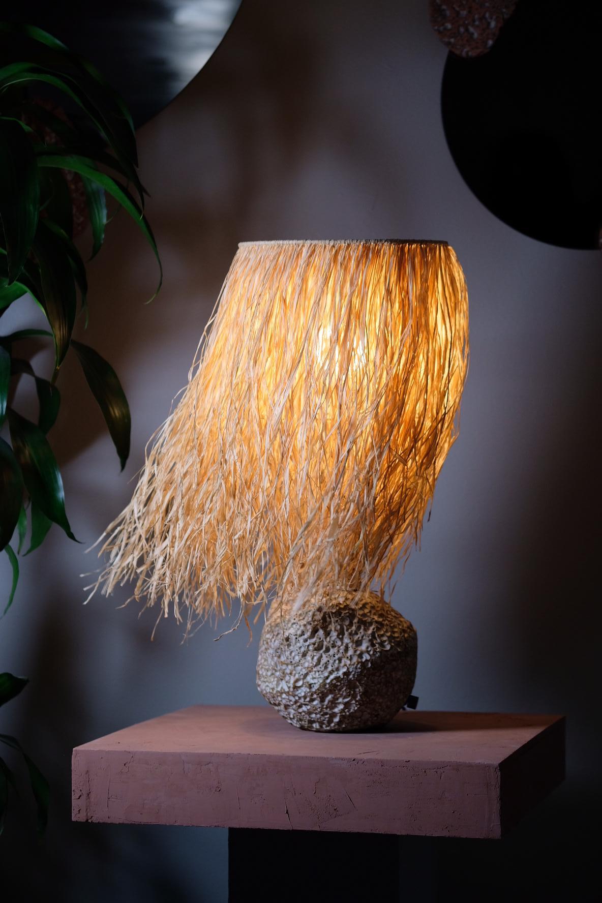 American Hand Carved Stoneware Pacific Table Lamp with Raffia Shade by LGS Studio For Sale