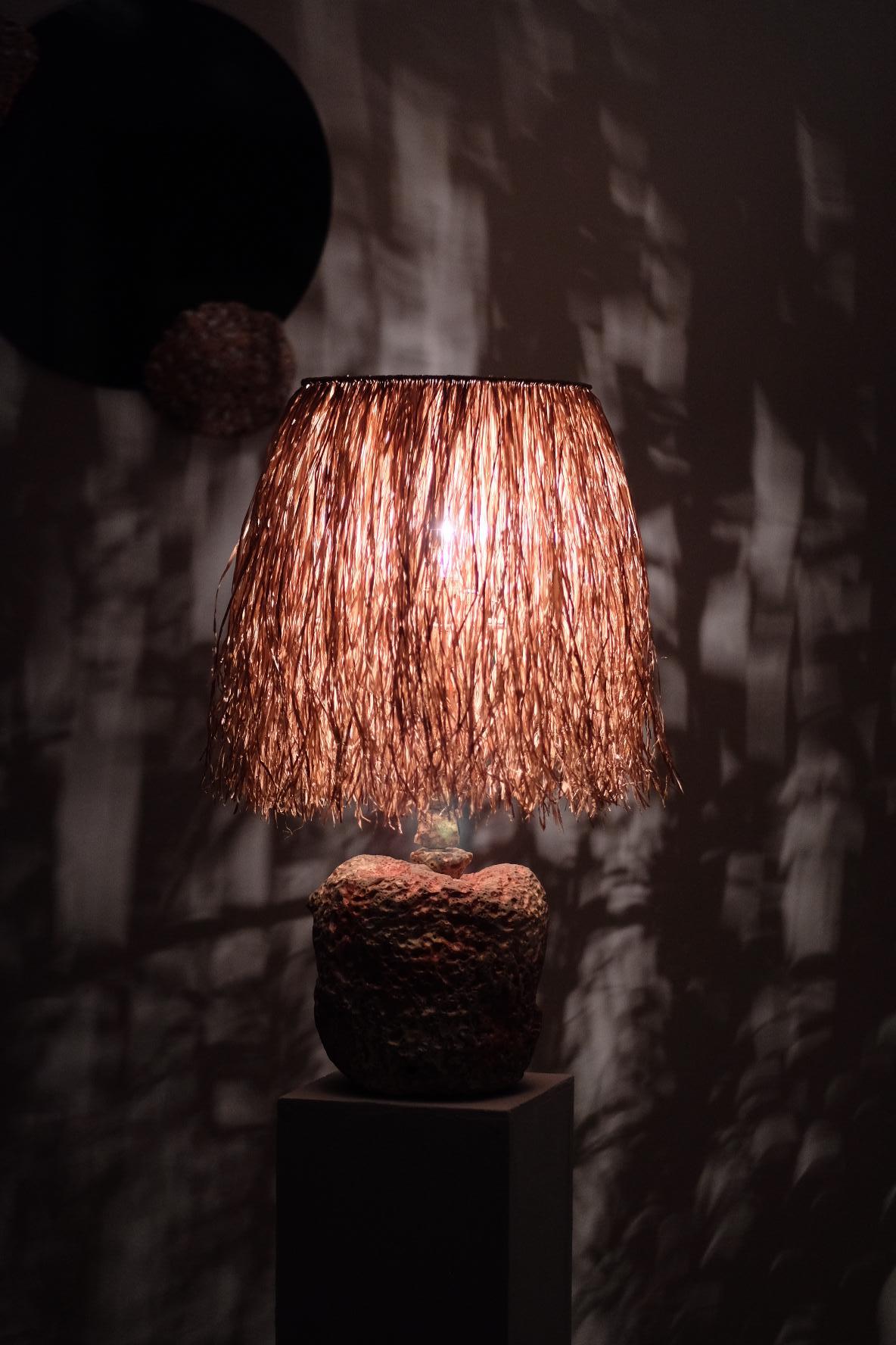 American Hand Carved Stoneware Pacific Table Lamp with Raffia Shade by LGS Studio