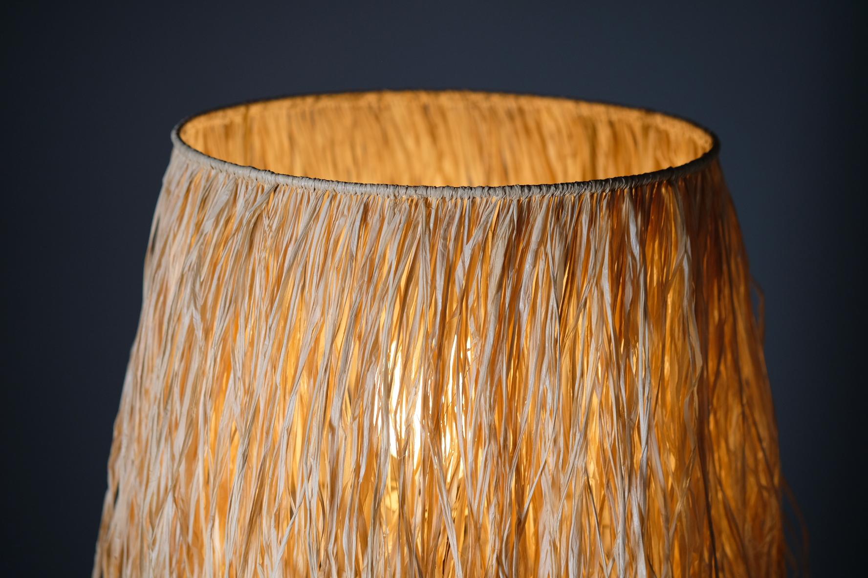 Hand Carved Stoneware Pacific Table Lamp with Raffia Shade by LGS Studio In New Condition For Sale In Los Angeles, CA