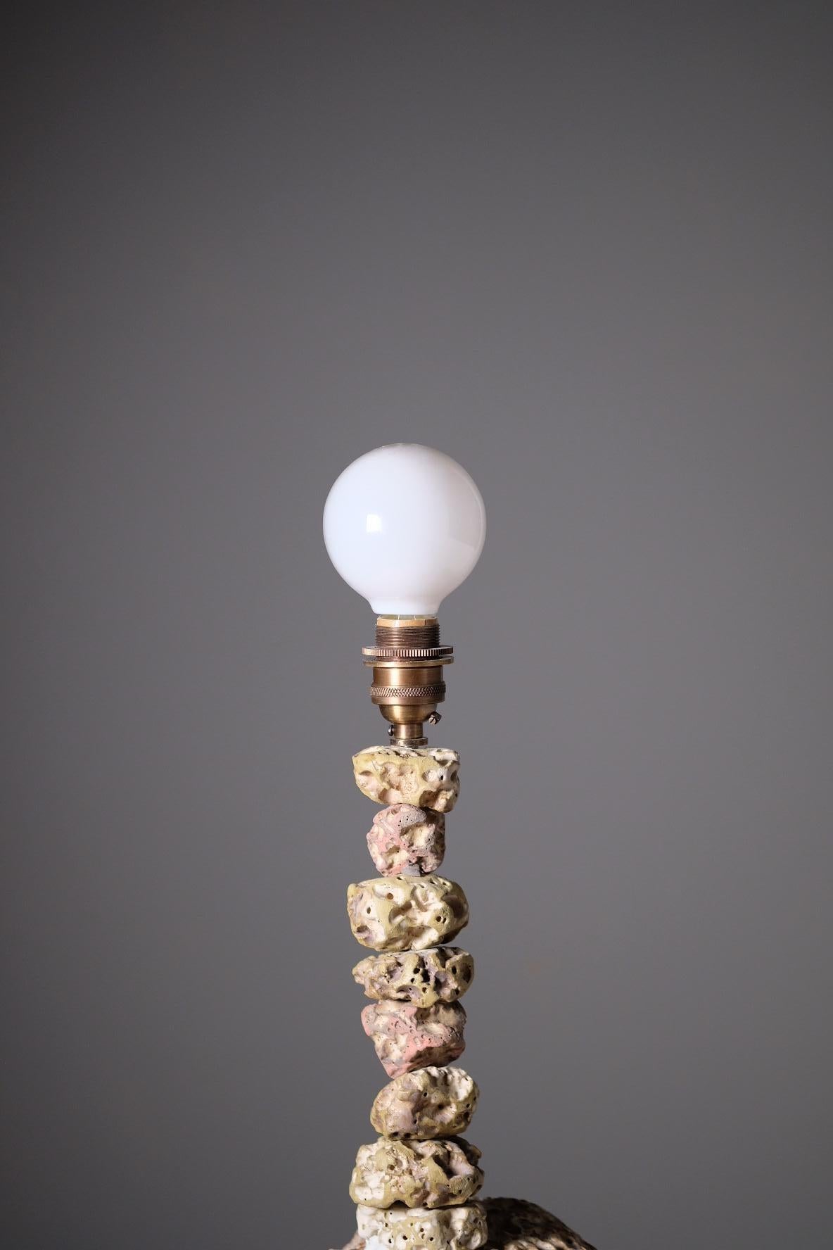 Contemporary Hand Carved Stoneware Pacific Table Lamp with Raffia Shade by LGS Studio For Sale