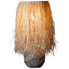 Hand Carved Stoneware Pacific Table Lamp with Raffia Shade by LGS Studio