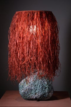 Hand Carved Stoneware Pacific Table Lamp with Raffia Shade by LGS Studio