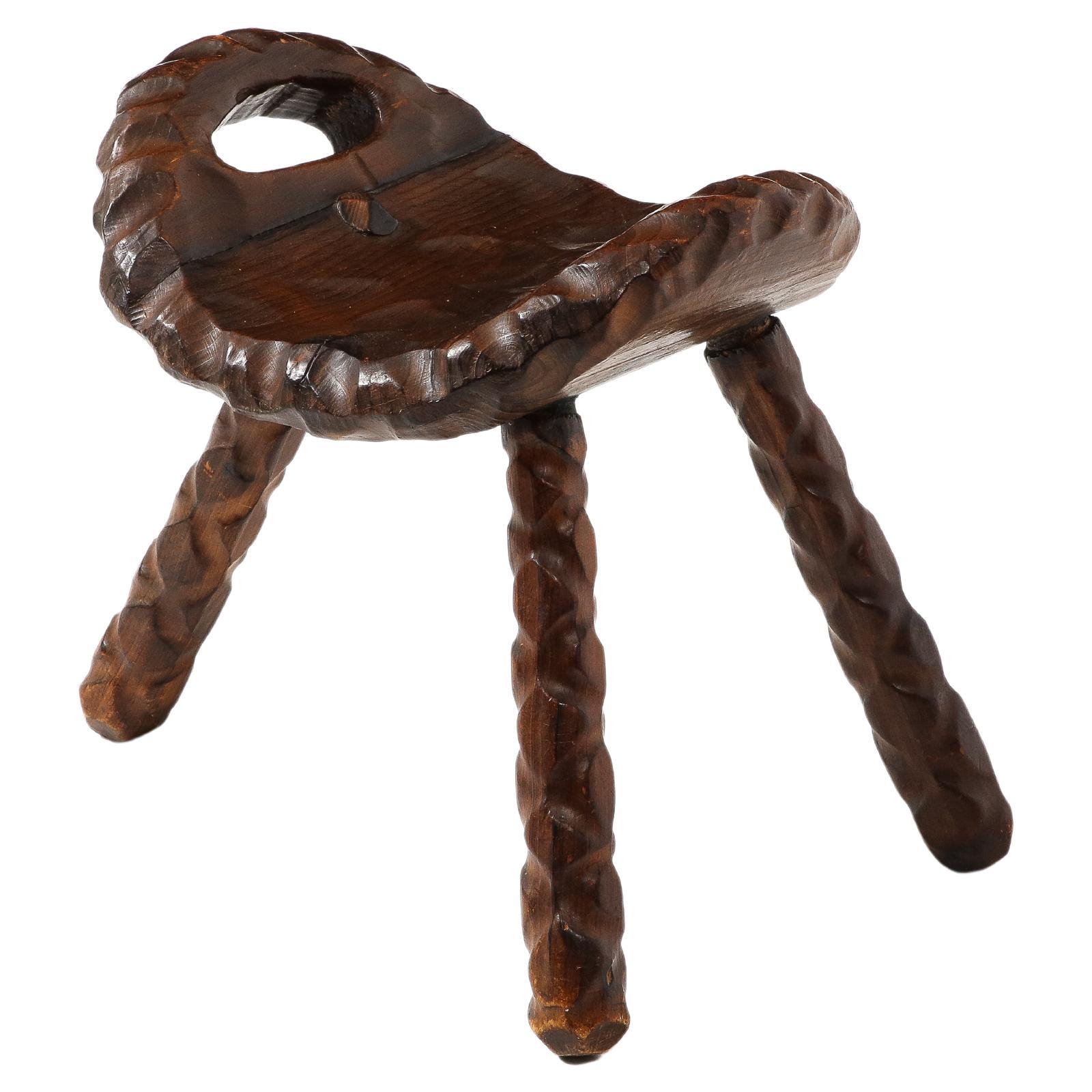Hand Carved Stool, France 1950's For Sale
