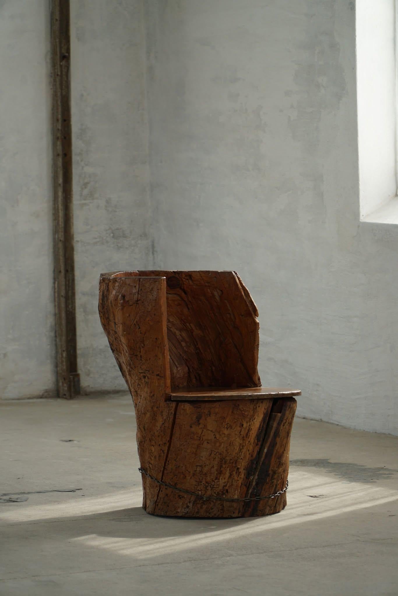 Primitive Hand Carved Stump Chair in Pine with Storage, Swedish Modern, Wabi Sabi, 1900s For Sale