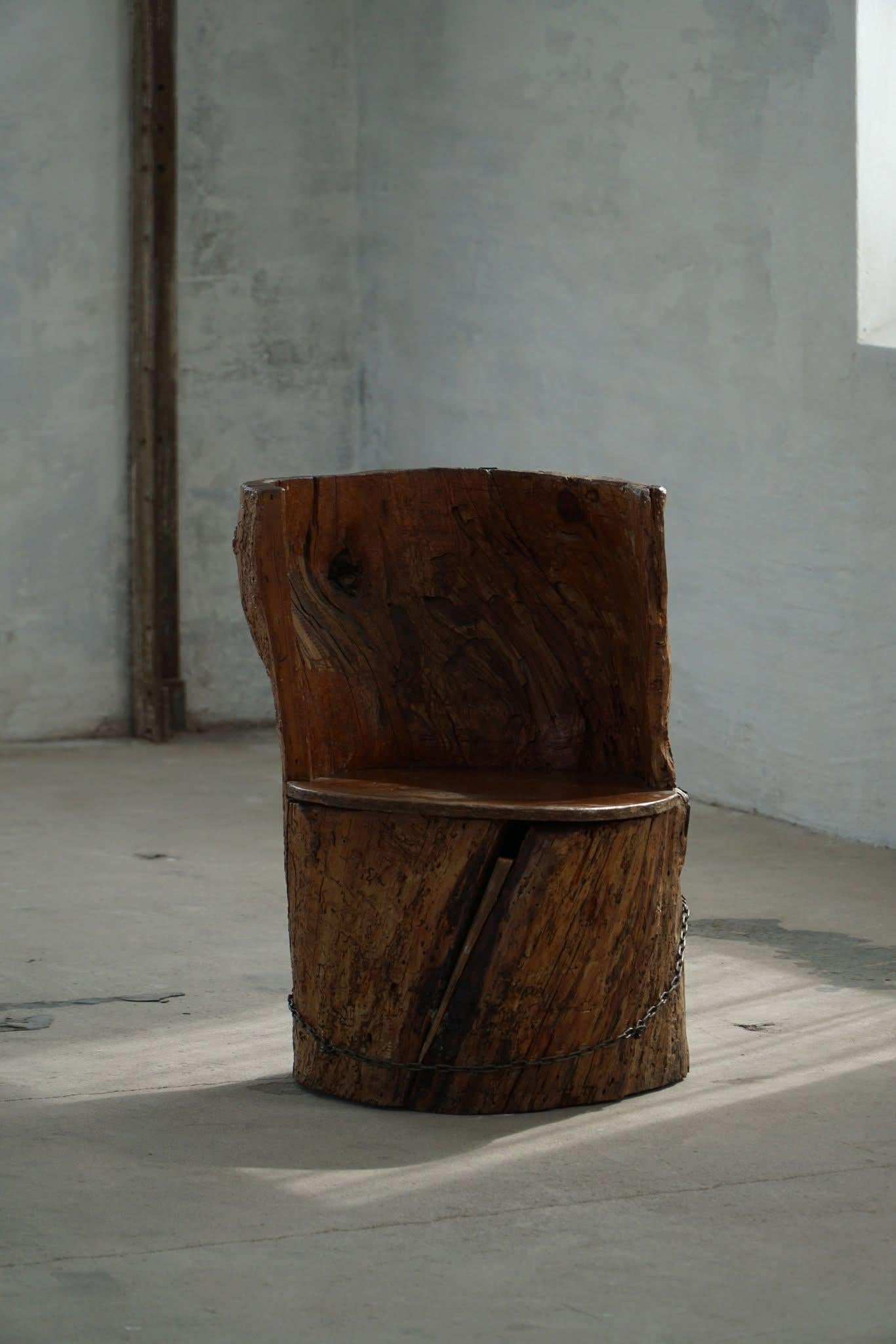 Hand-Carved Hand Carved Stump Chair in Pine with Storage, Swedish Modern, Wabi Sabi, 1900s For Sale