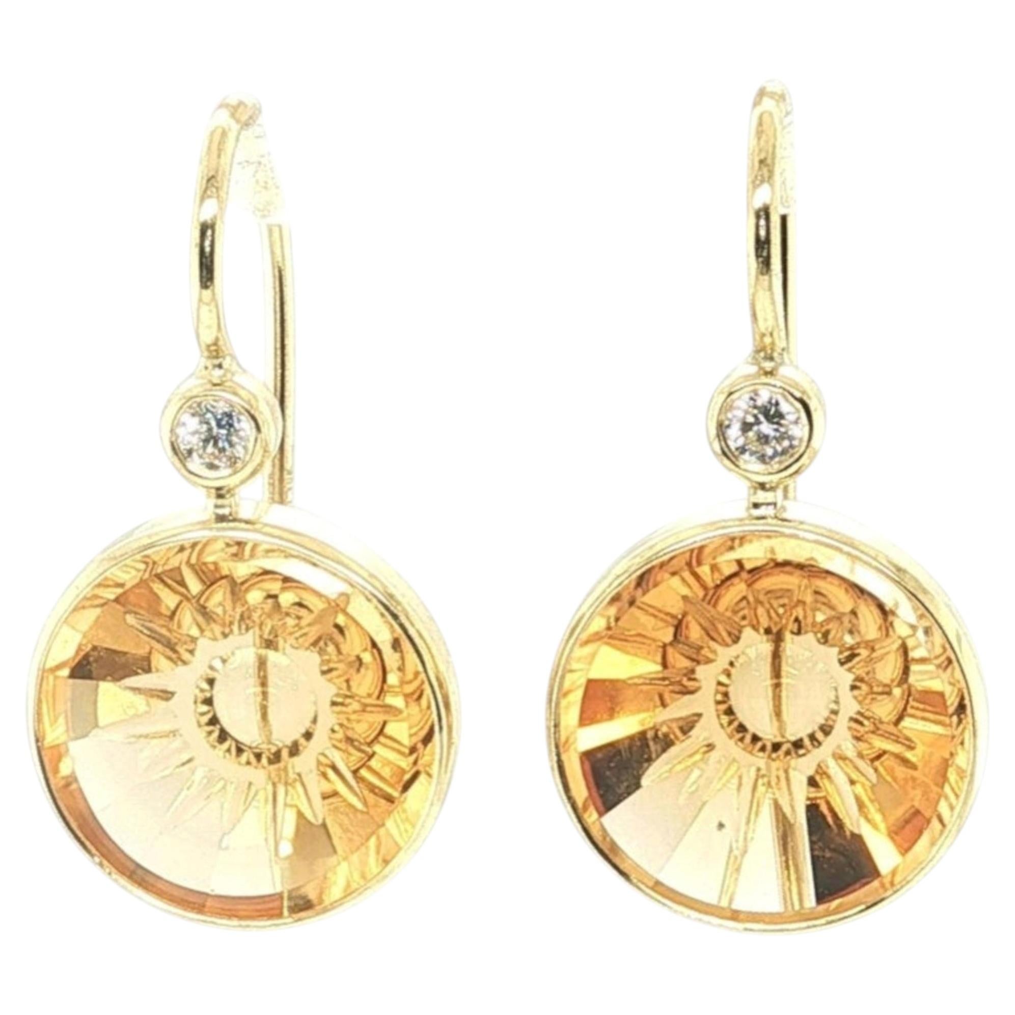 Hand Carved "Sunburst" Citrine and Diamond Drop Earrings in 18k Yellow Gold For Sale
