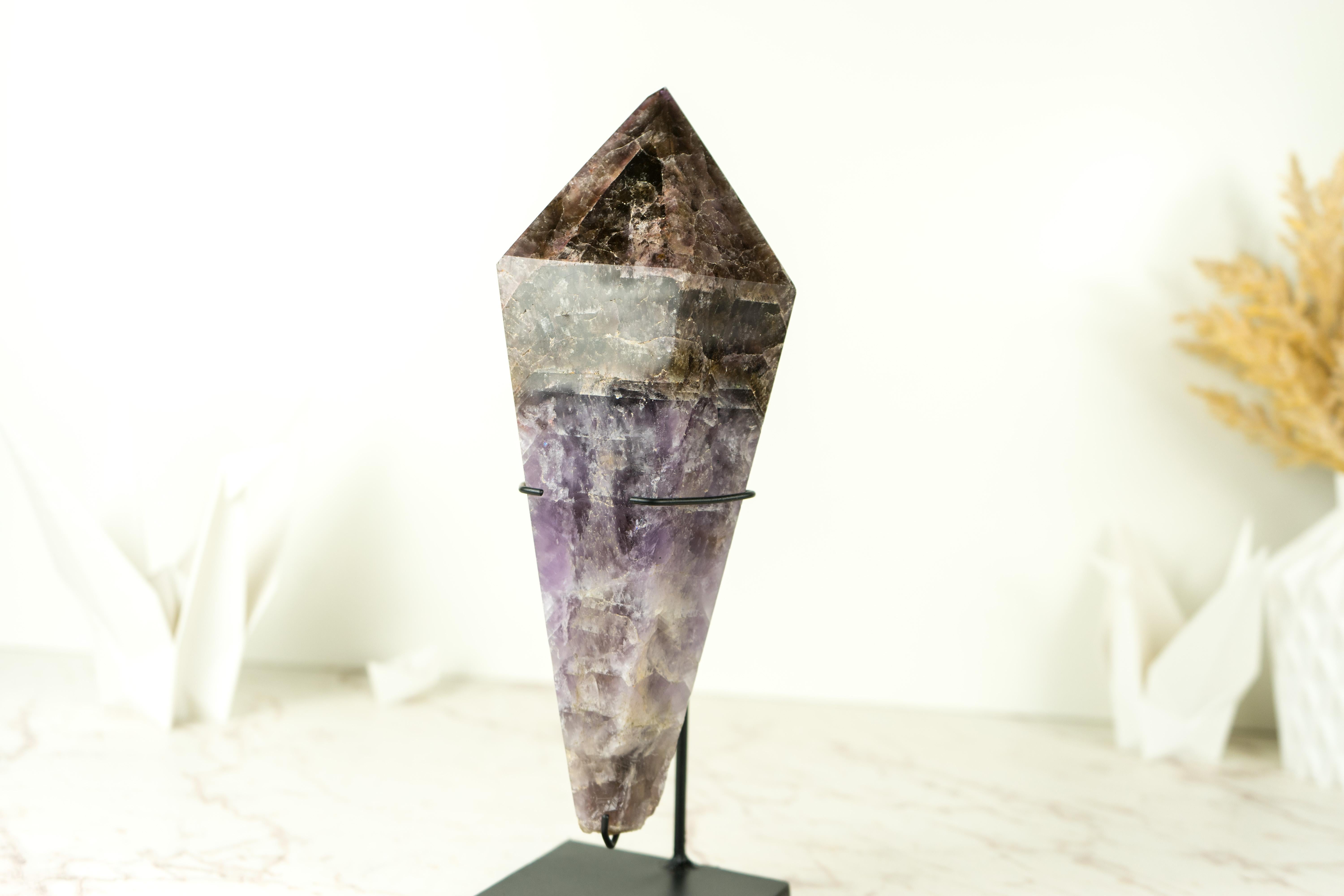 Contemporary Hand-Carved Super 7 Crystal Point on Stand: Modern Lapidary
