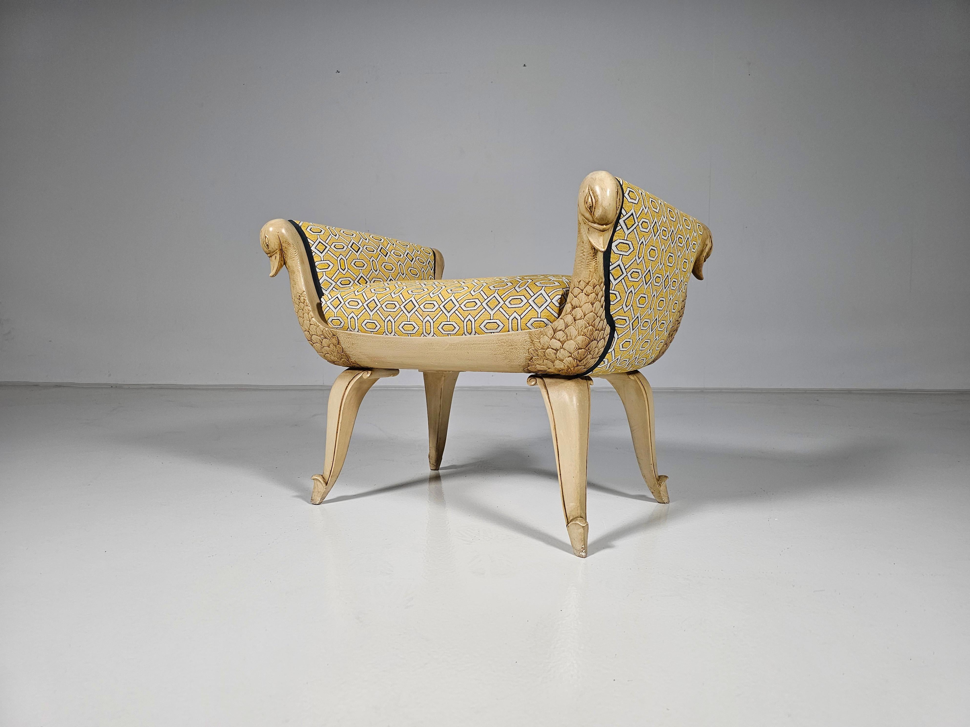 Fabric Hand carved swans necks bench, France, 1940s For Sale