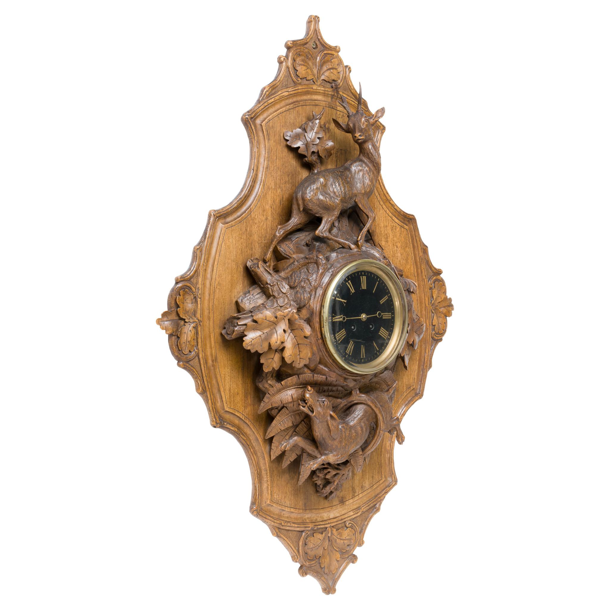 Wood Hand-Carved Swiss Black Forest Clock Plaque by Johann Huggler For Sale