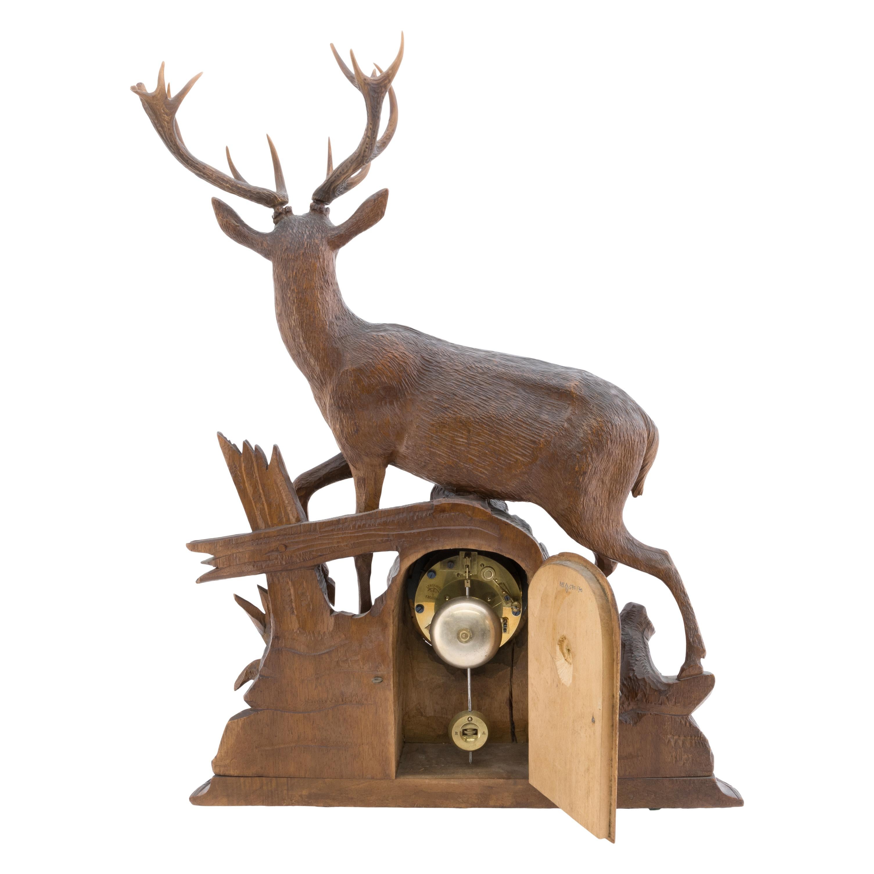Wood Hand-Carved Swiss Black Forest Mantle Clock For Sale