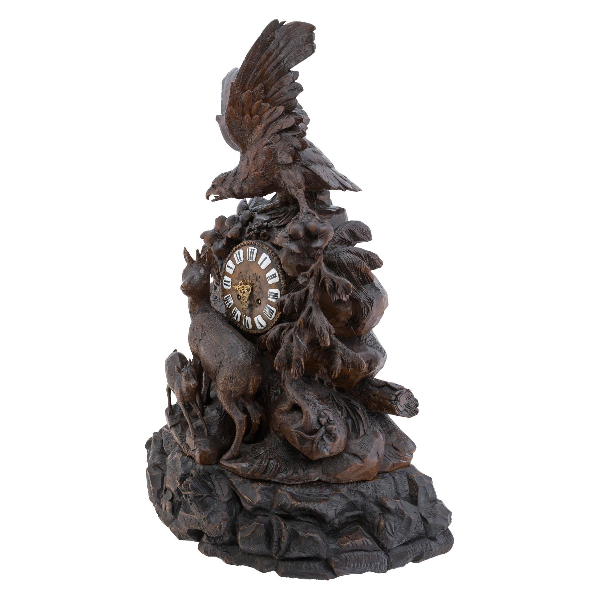 Wood Hand- Carved Swiss Black Forest Mantle Clock For Sale