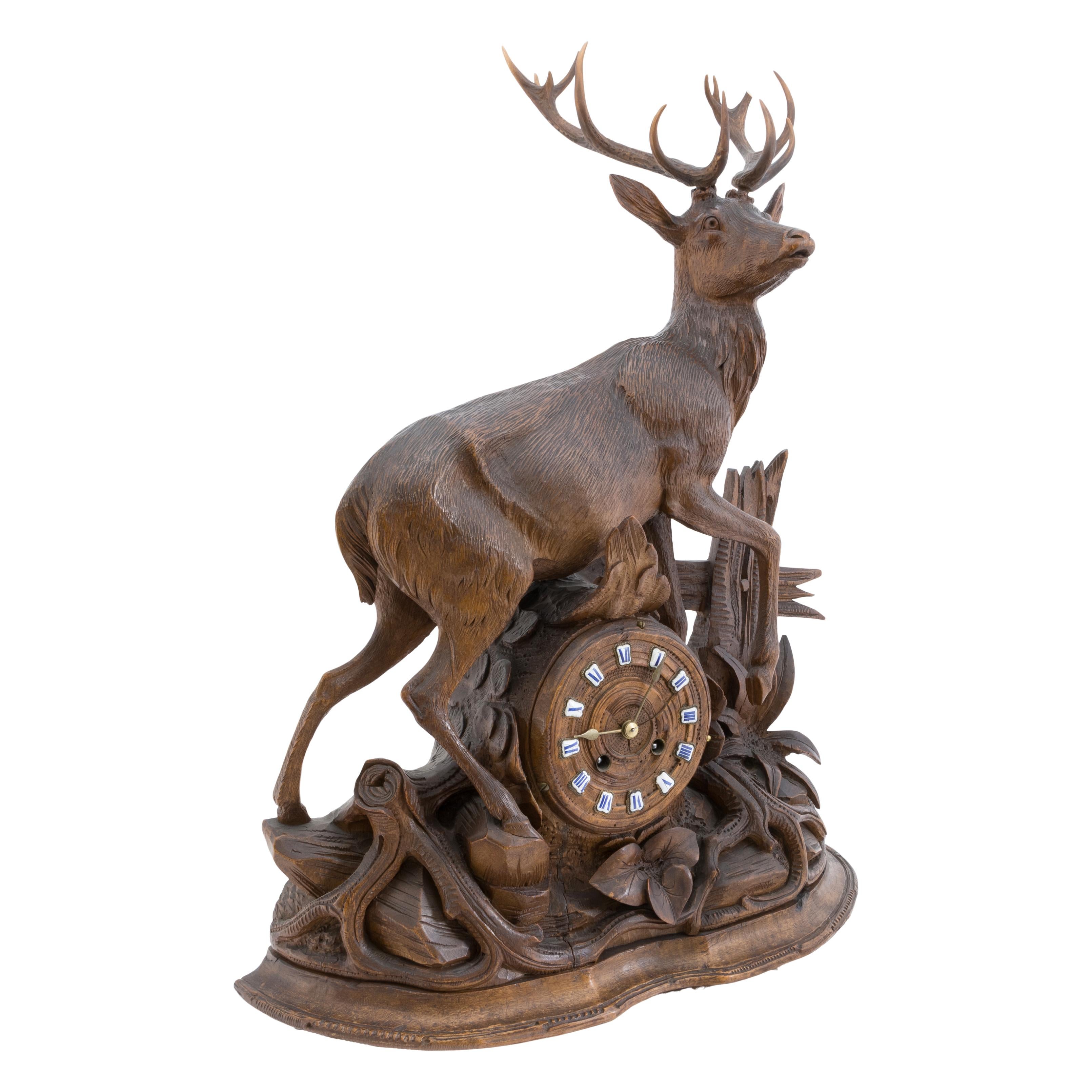 Hand-Carved Swiss Black Forest Mantle Clock For Sale 1