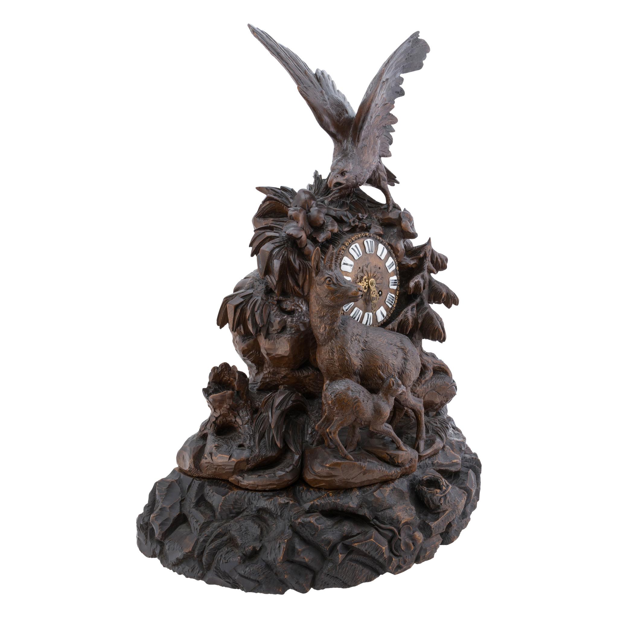 Hand- Carved Swiss Black Forest Mantle Clock For Sale 1