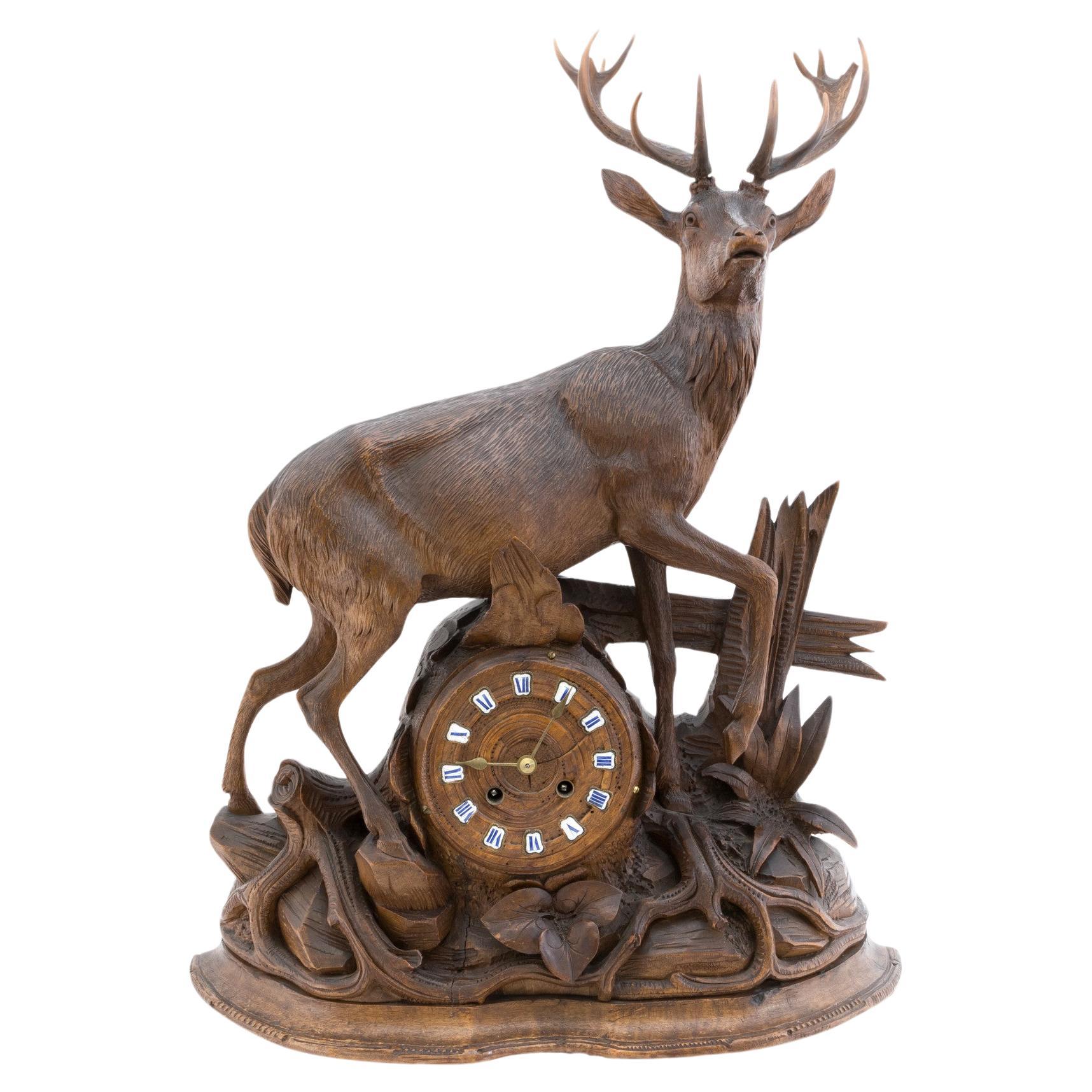 Hand-Carved Swiss Black Forest Mantle Clock