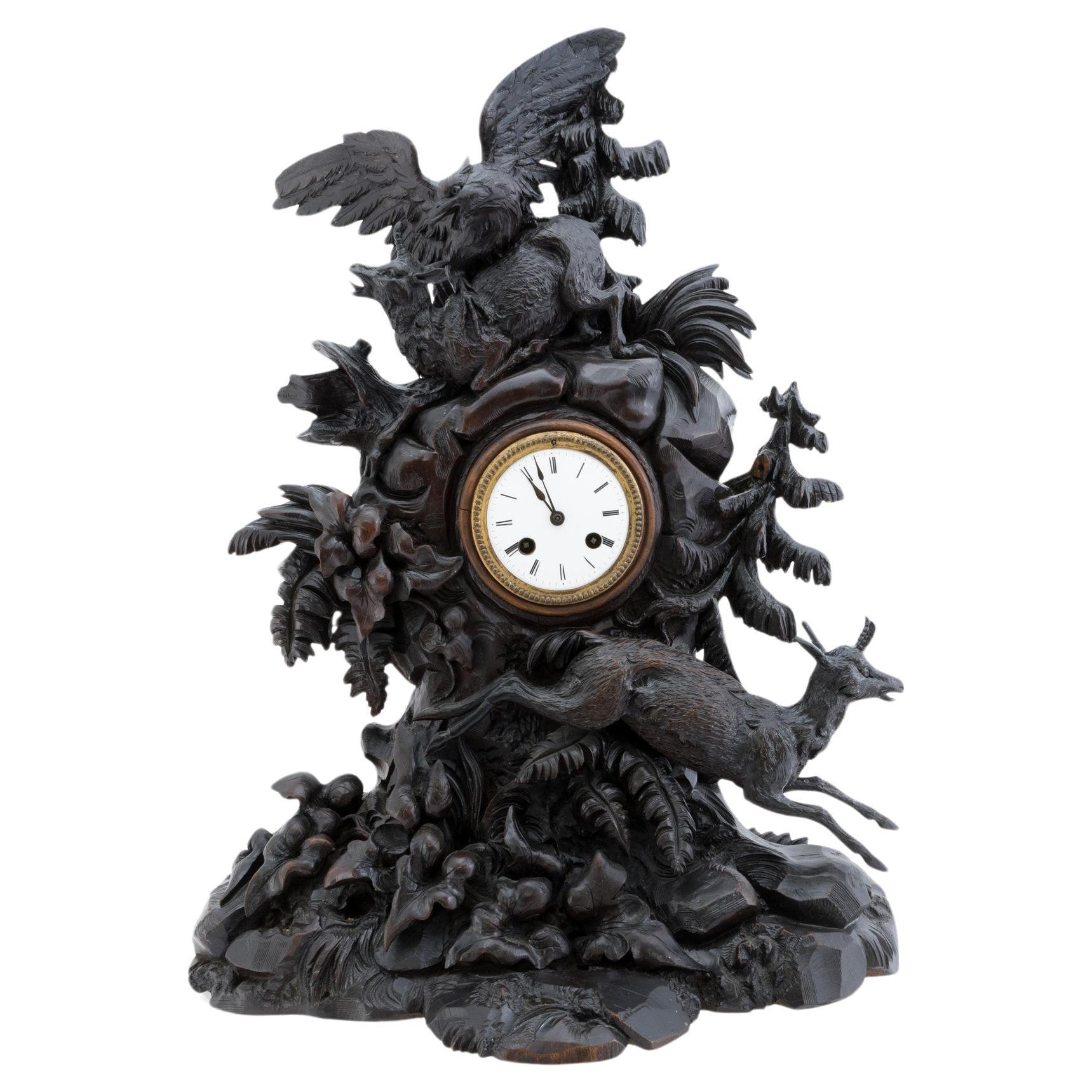 Hand-Carved Swiss Black Forest Mantle Clock