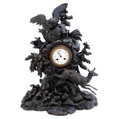 Antique Hand-Carved Swiss Black Forest Mantle Clock