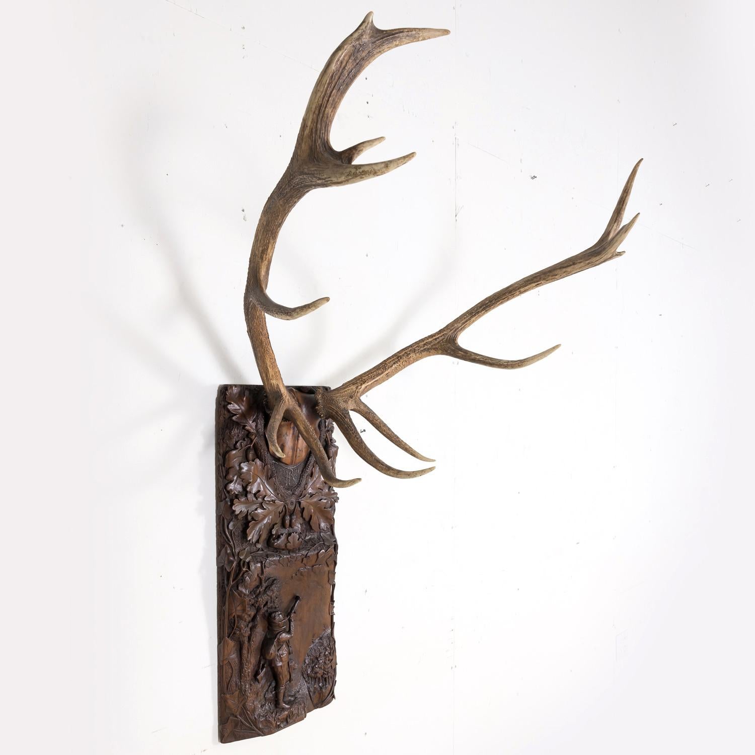 Hand Carved Swiss Black Forest Trophy Plaque with Antlers 8