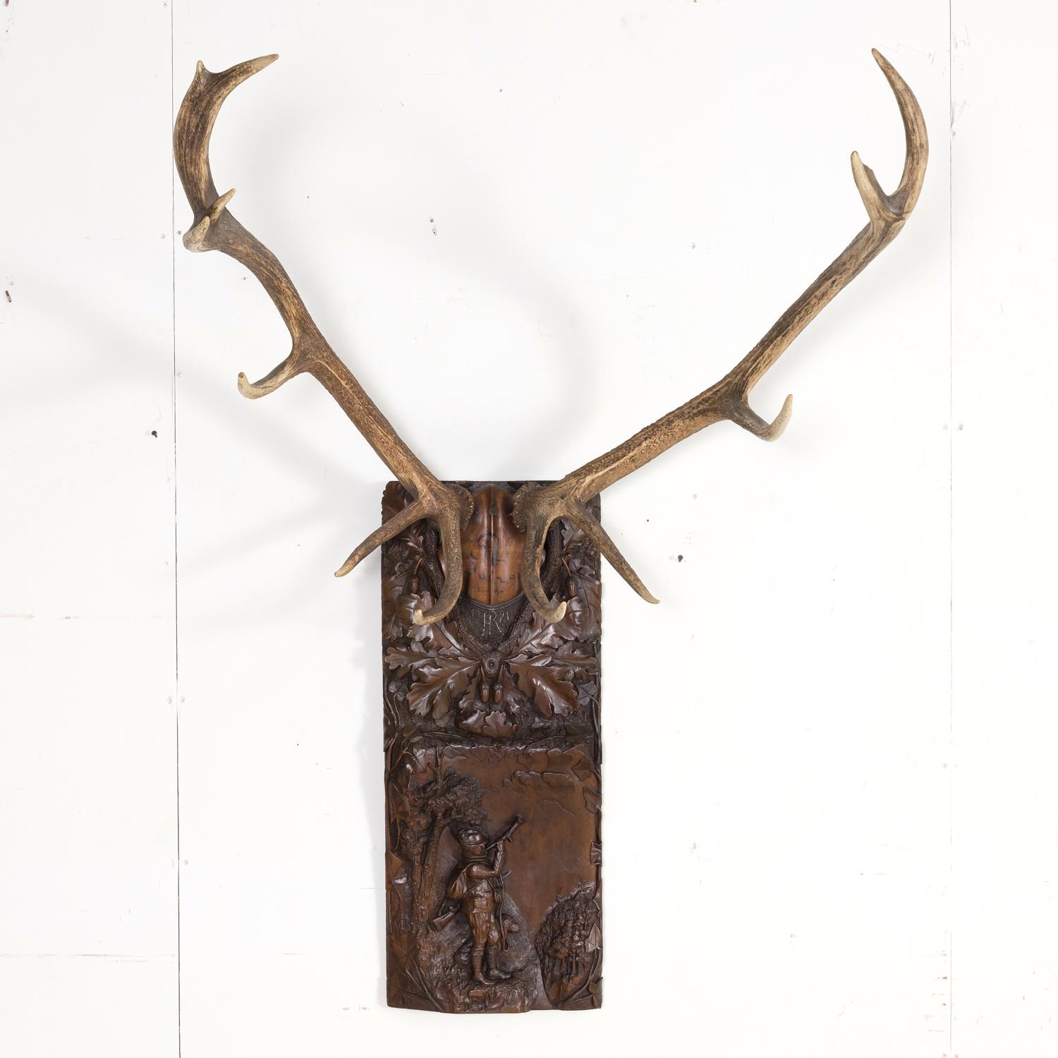 Hand-Carved Hand Carved Swiss Black Forest Trophy Plaque with Antlers
