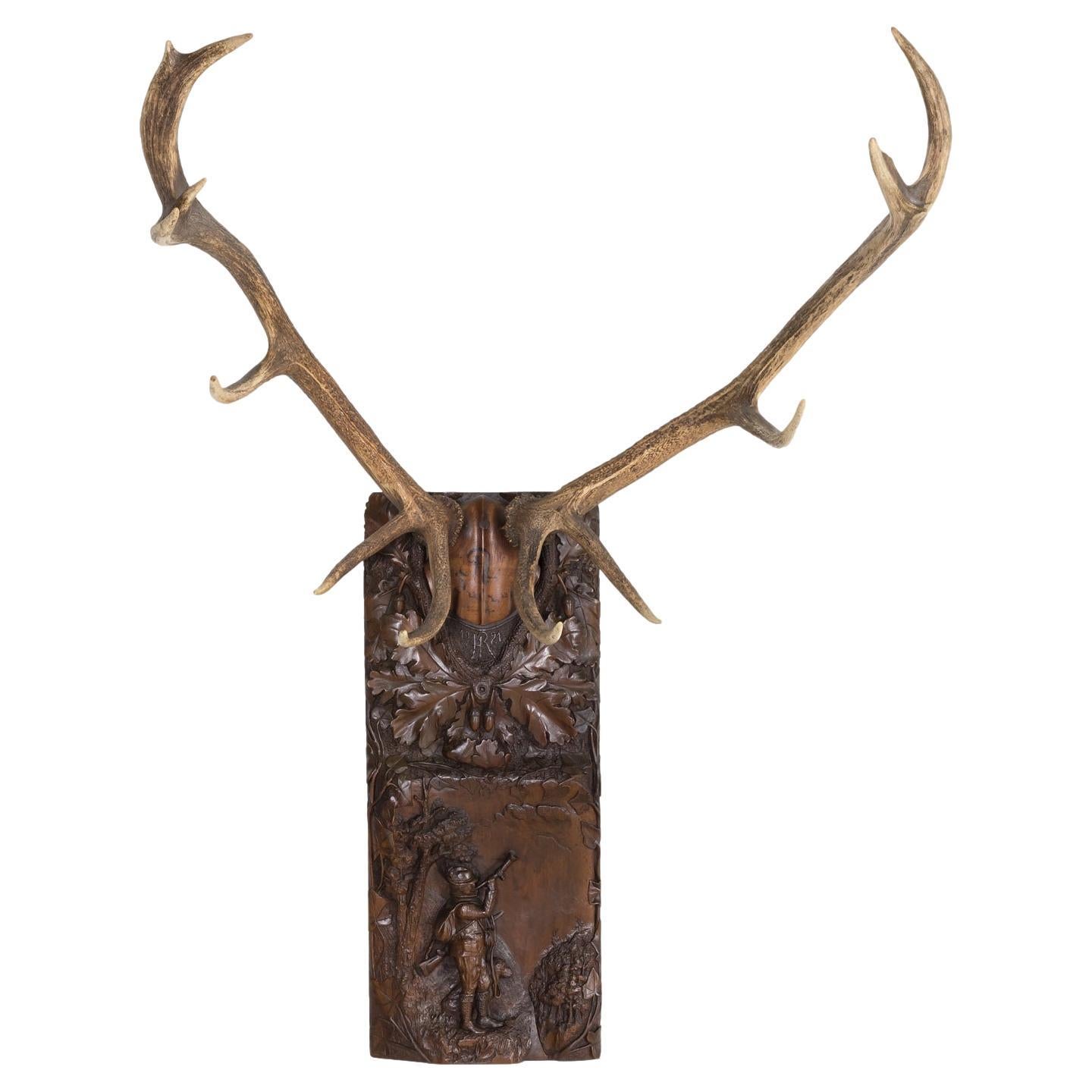 Hand Carved Swiss Black Forest Trophy Plaque with Antlers