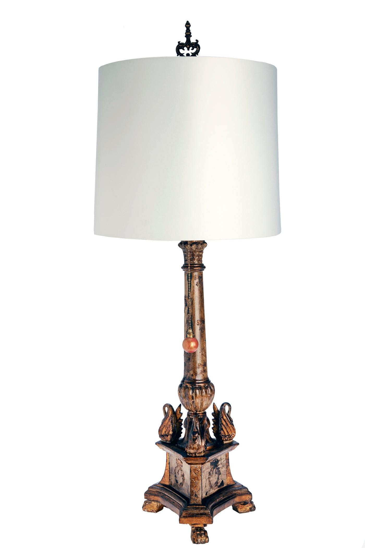 Hand-Painted Hand Carved Table Lamps White Shades; a pair For Sale