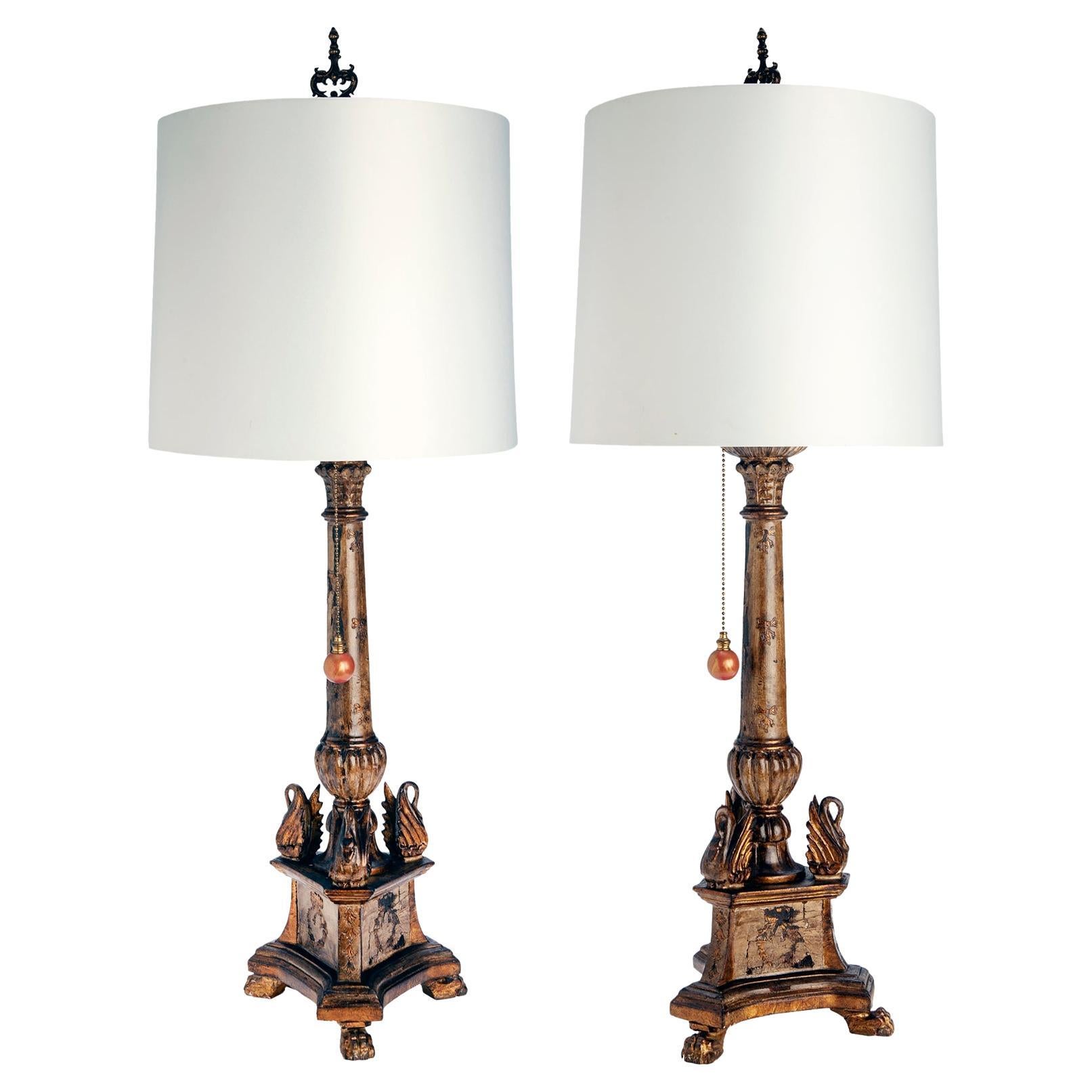 Hand Carved Table Lamps White Shades; a pair For Sale