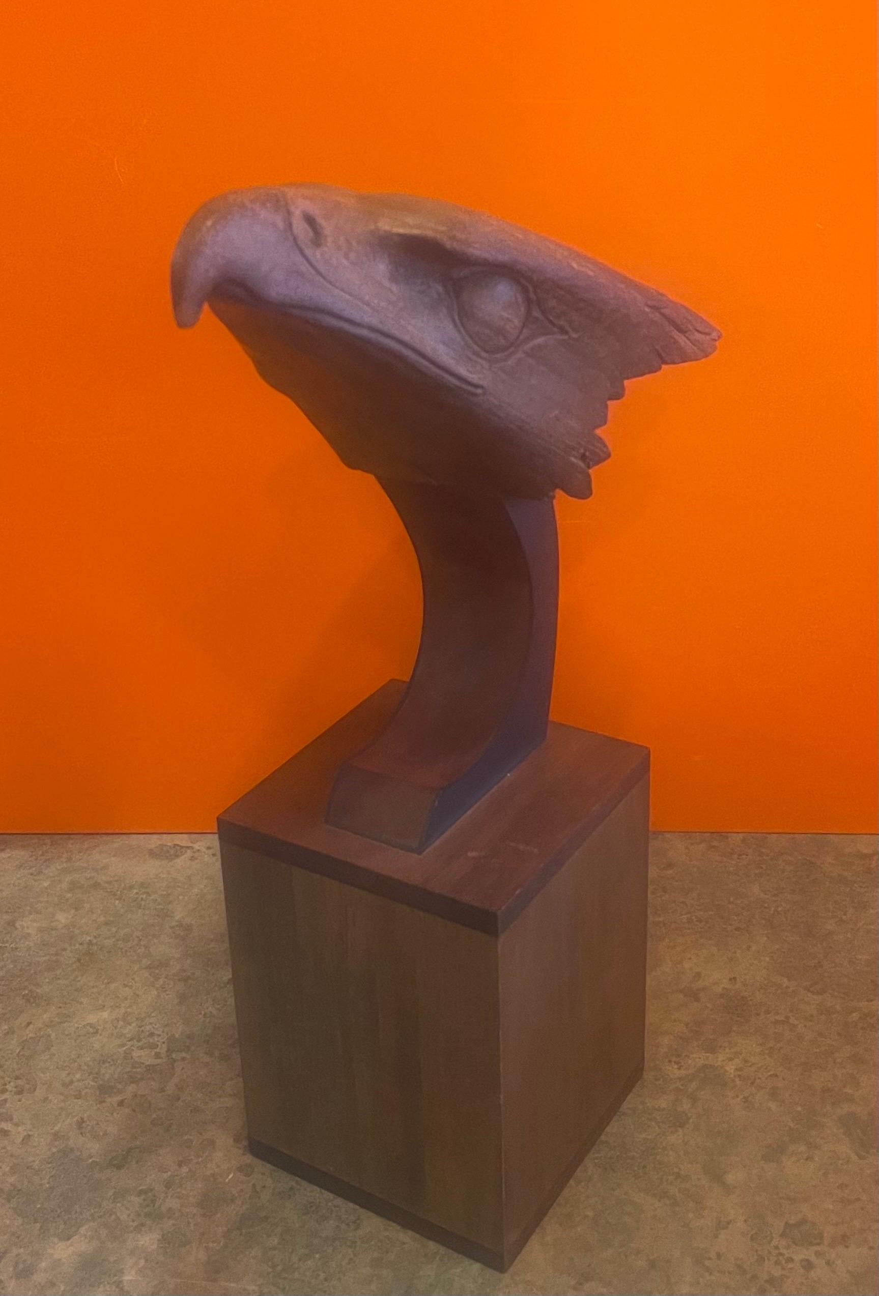 Hand Carved Teak Bald Eagle Head Sculpture on Wood Base For Sale 2