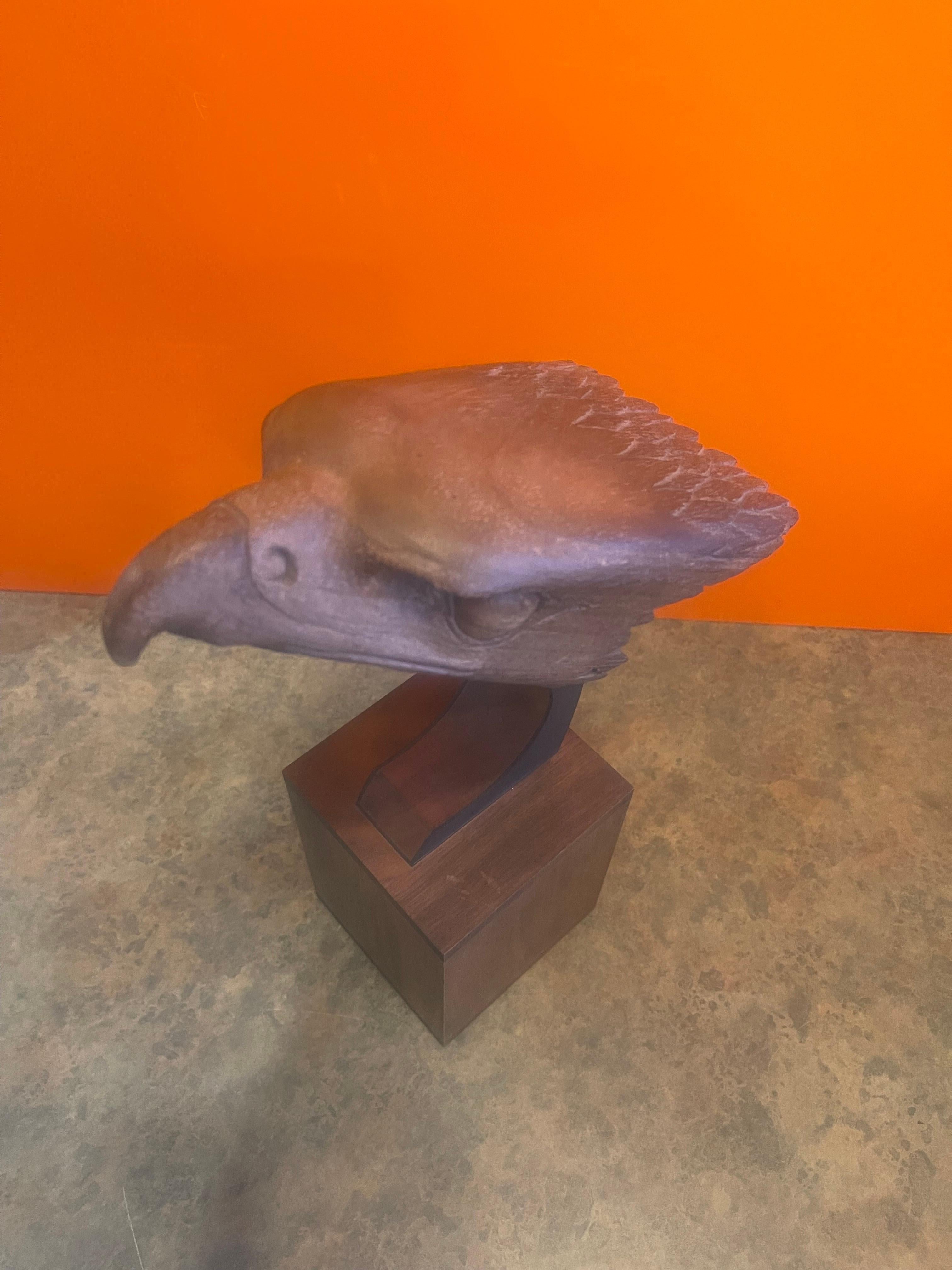 Hand Carved Teak Bald Eagle Head Sculpture on Wood Base For Sale 3