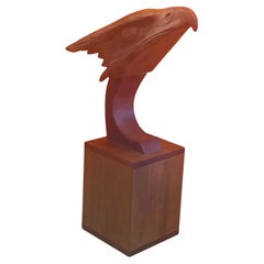 Hand Carved Teak Bald Eagle Head Sculpture on Wood Base