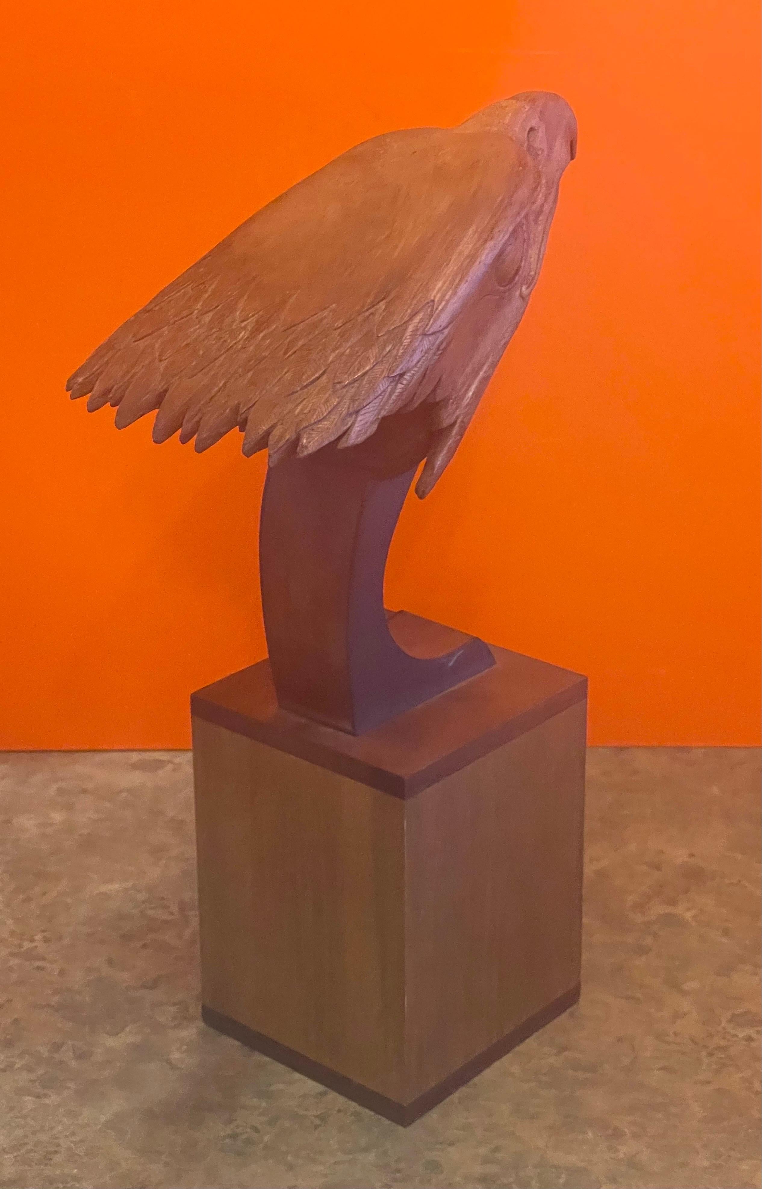 Mid-Century Modern Hand Carved Teak Bald Eagle Head Sculpture on Wood Base For Sale
