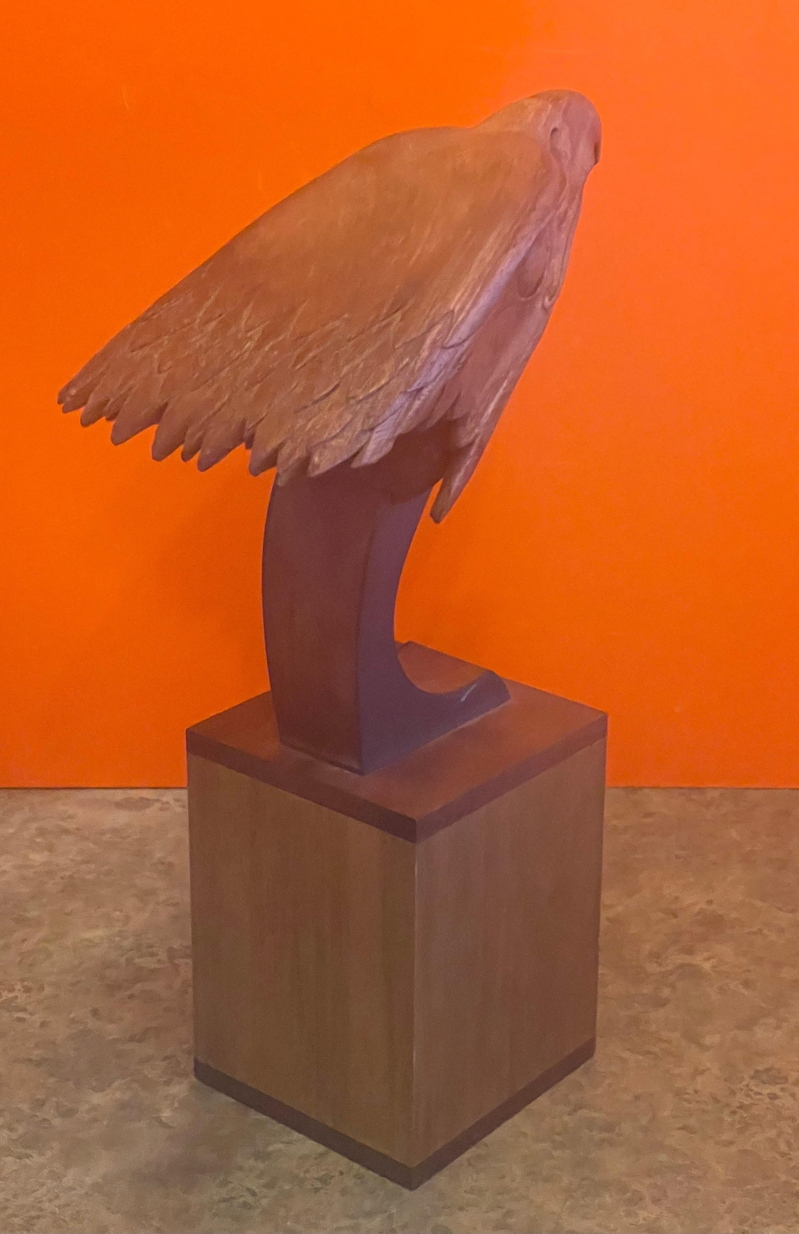 Hand-Carved Hand Carved Teak Bald Eagle Head Sculpture on Wood Base For Sale