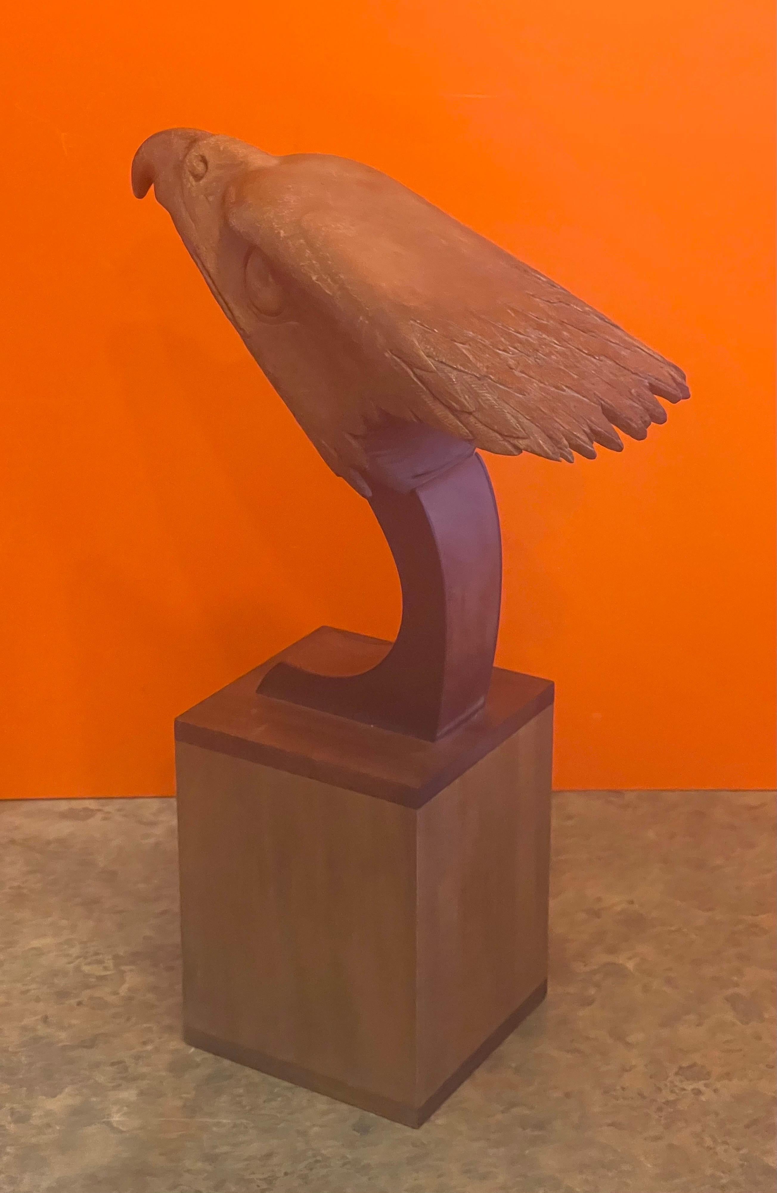 Hand Carved Teak Bald Eagle Head Sculpture on Wood Base In Good Condition For Sale In San Diego, CA