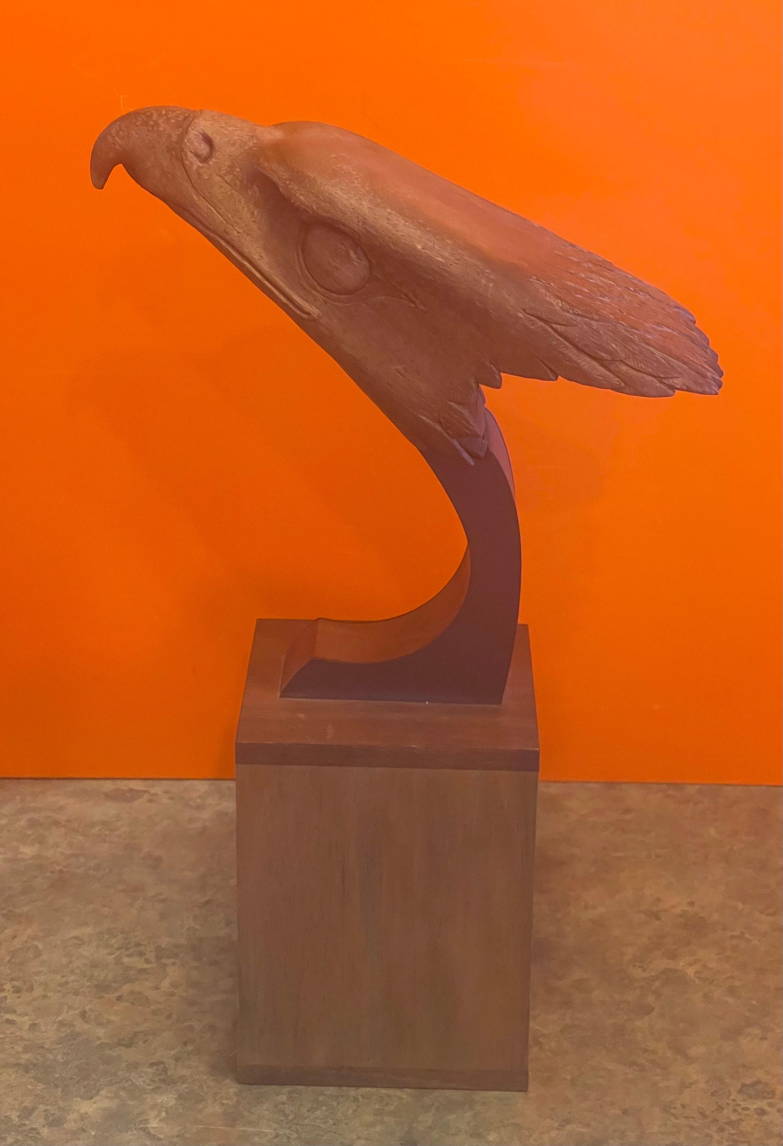 20th Century Hand Carved Teak Bald Eagle Head Sculpture on Wood Base For Sale