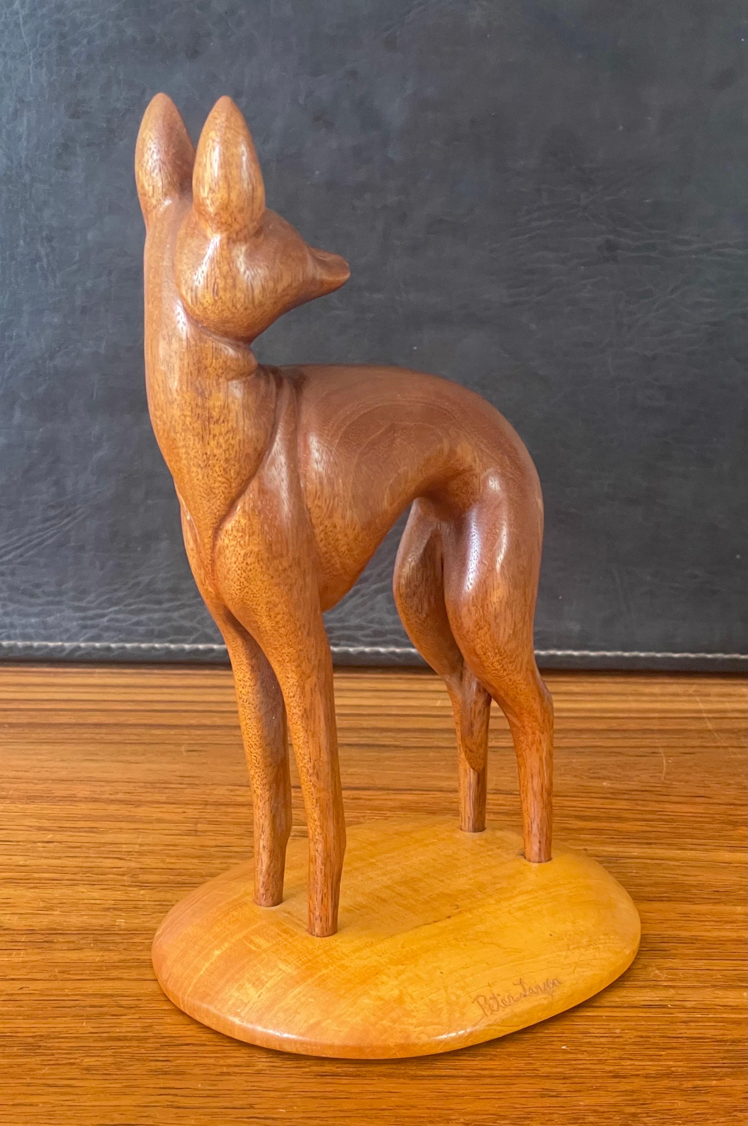 Mid-Century Modern Hand Carved Teak Greyhound Sculpture on Maple Base by Peter Larsen For Sale