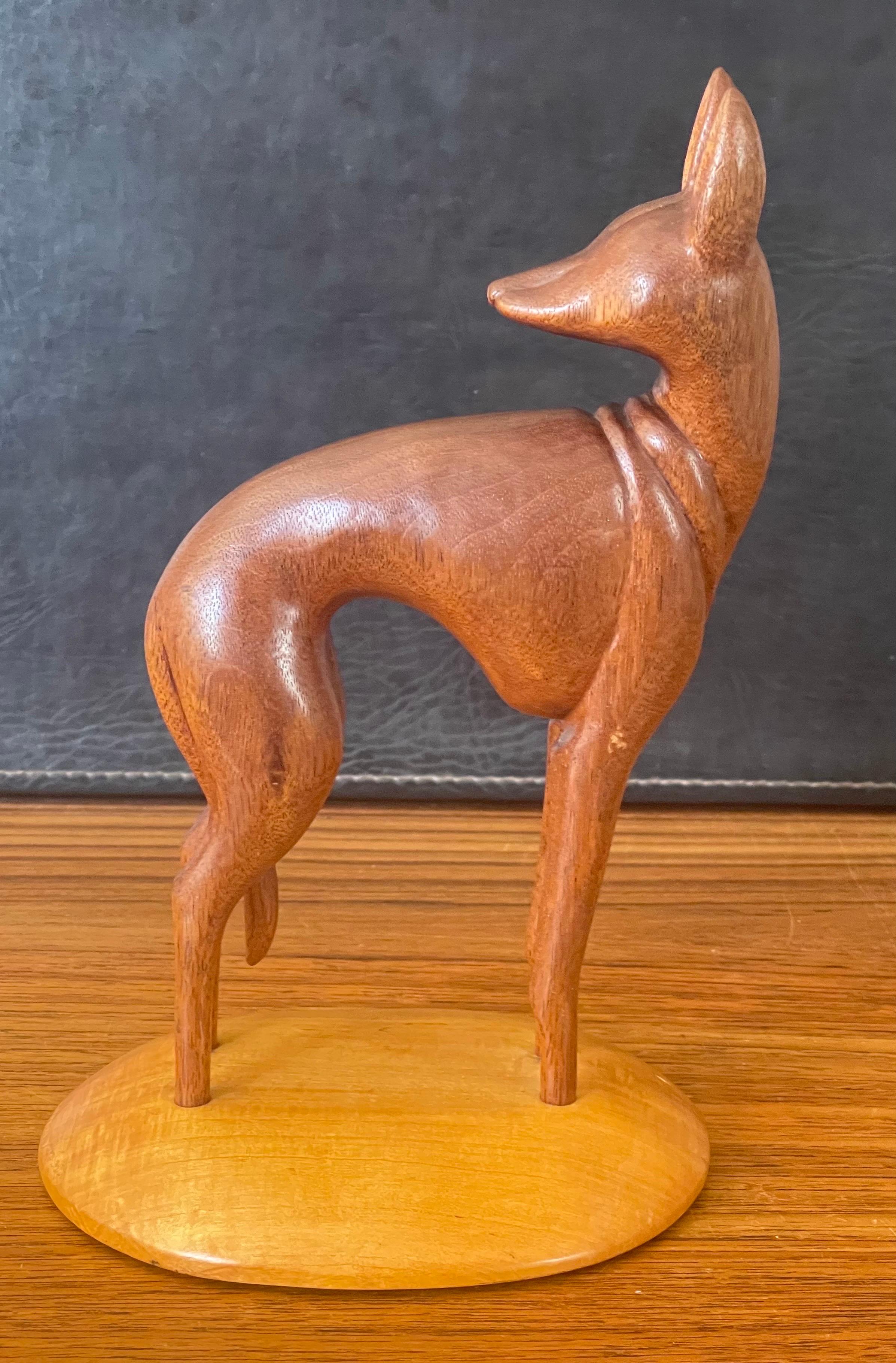20th Century Hand Carved Teak Greyhound Sculpture on Maple Base by Peter Larsen For Sale